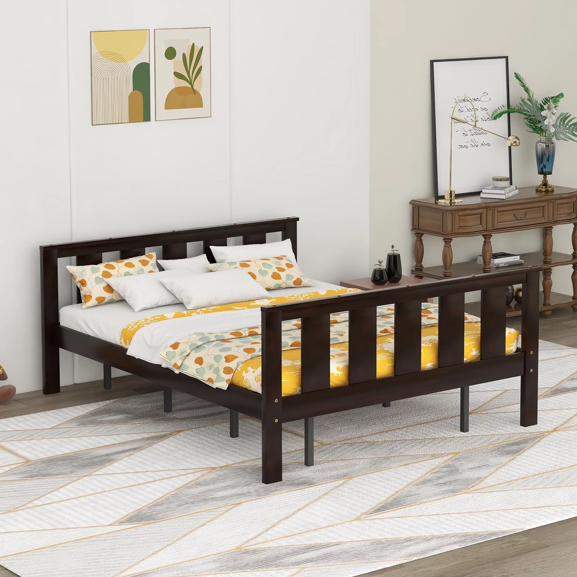 Queen Size Pine Wood Platform Bed with Headboard and Footboard for Kids Room, Espresso