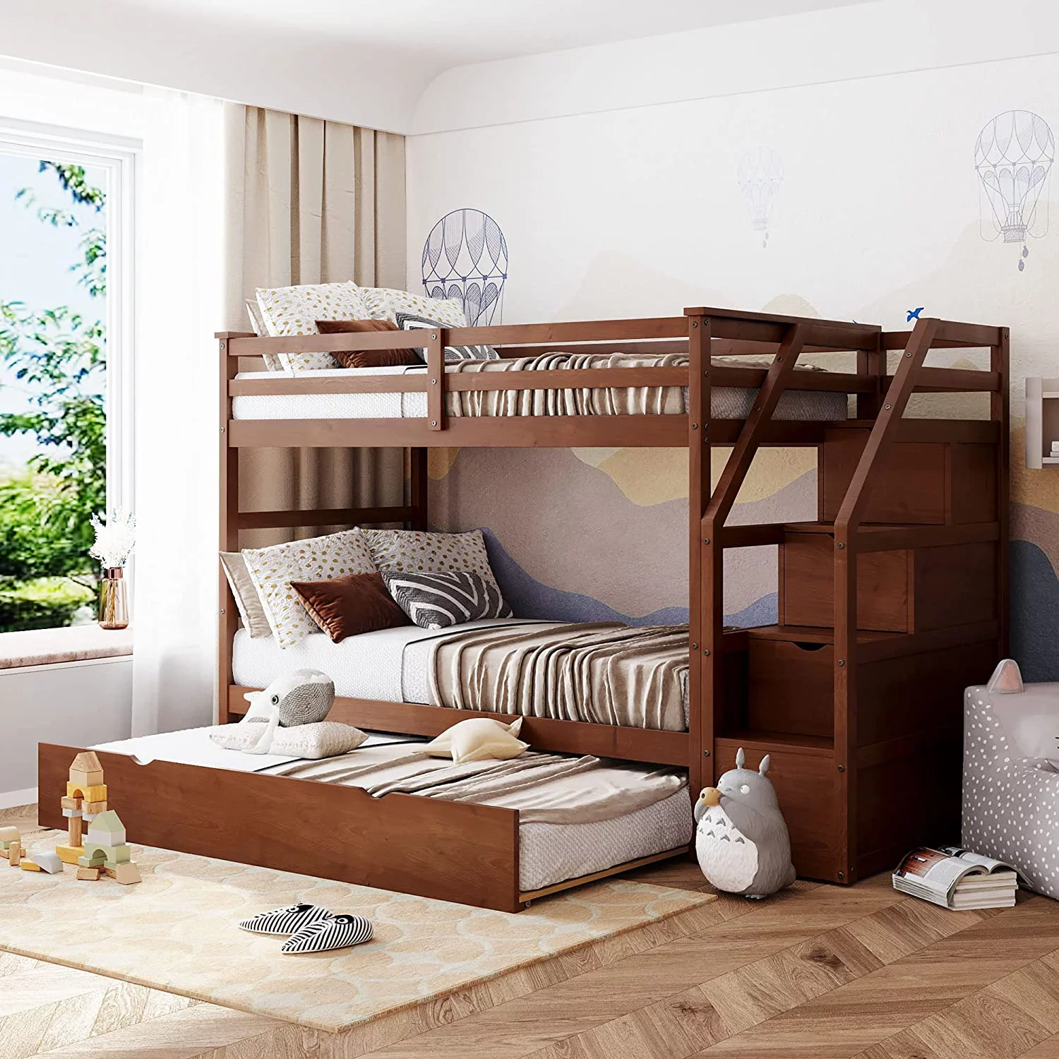 Twin Over Twin Bunk Bed Frame with Twin Size Trundle and 3 Storage Stairs Walnut