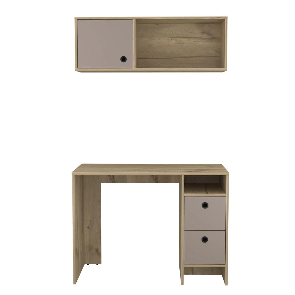 FM Furniture Tokyo 3-Drawer Modern Wood Office Desk Set in Light Oak/Taupe
