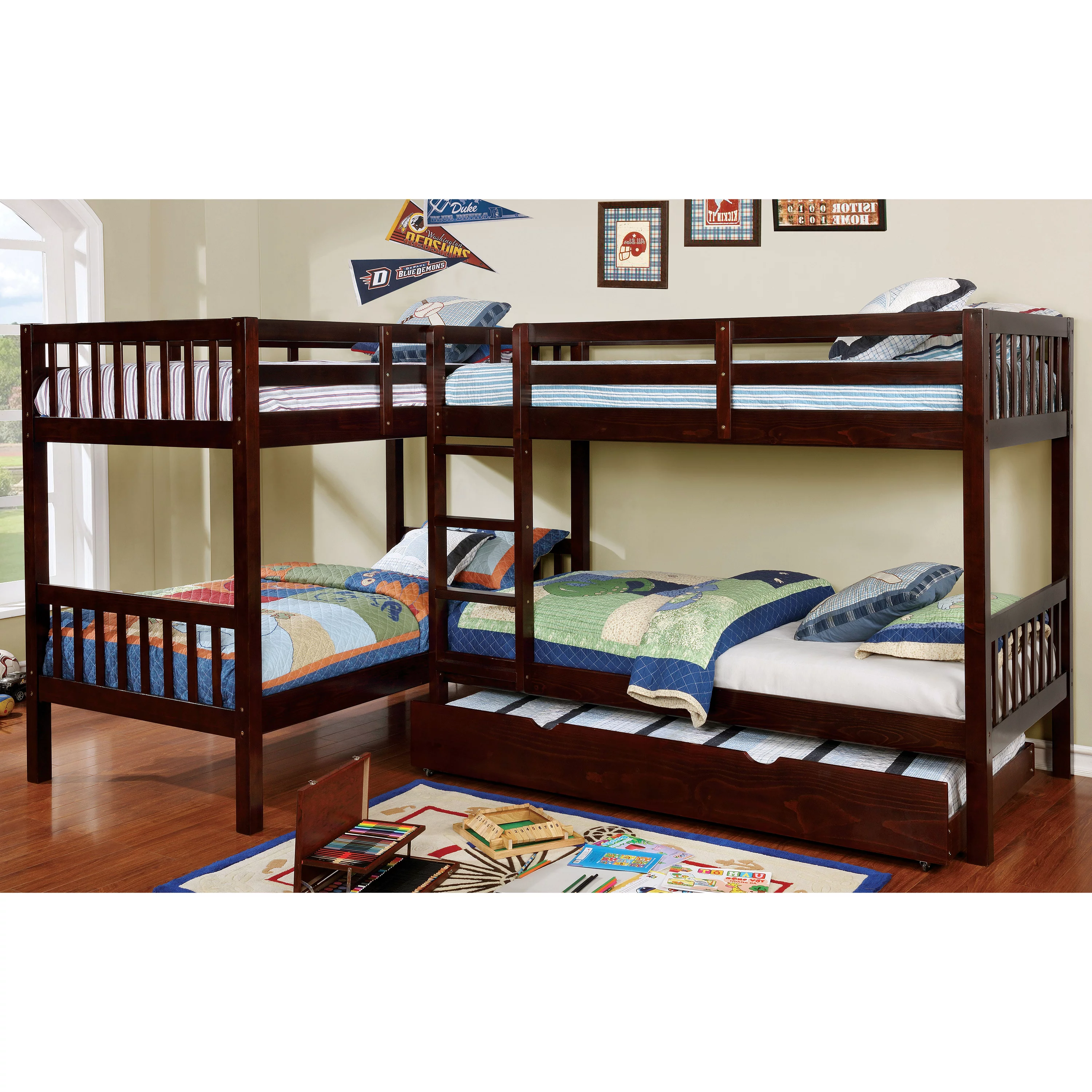 Furniture of America Wellick Quadruple Bunk Bed, Twin, Dark Walnut
