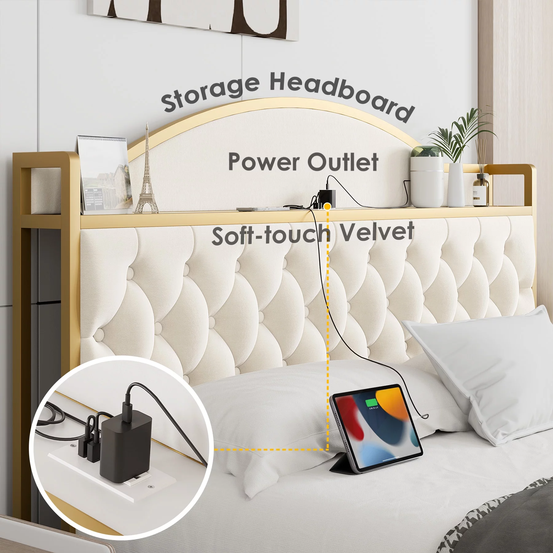 Homfa King Size Tall Bed with Shelving and Charging, Velvet Upholstered Storage Bed with 3 Drawers, Off White