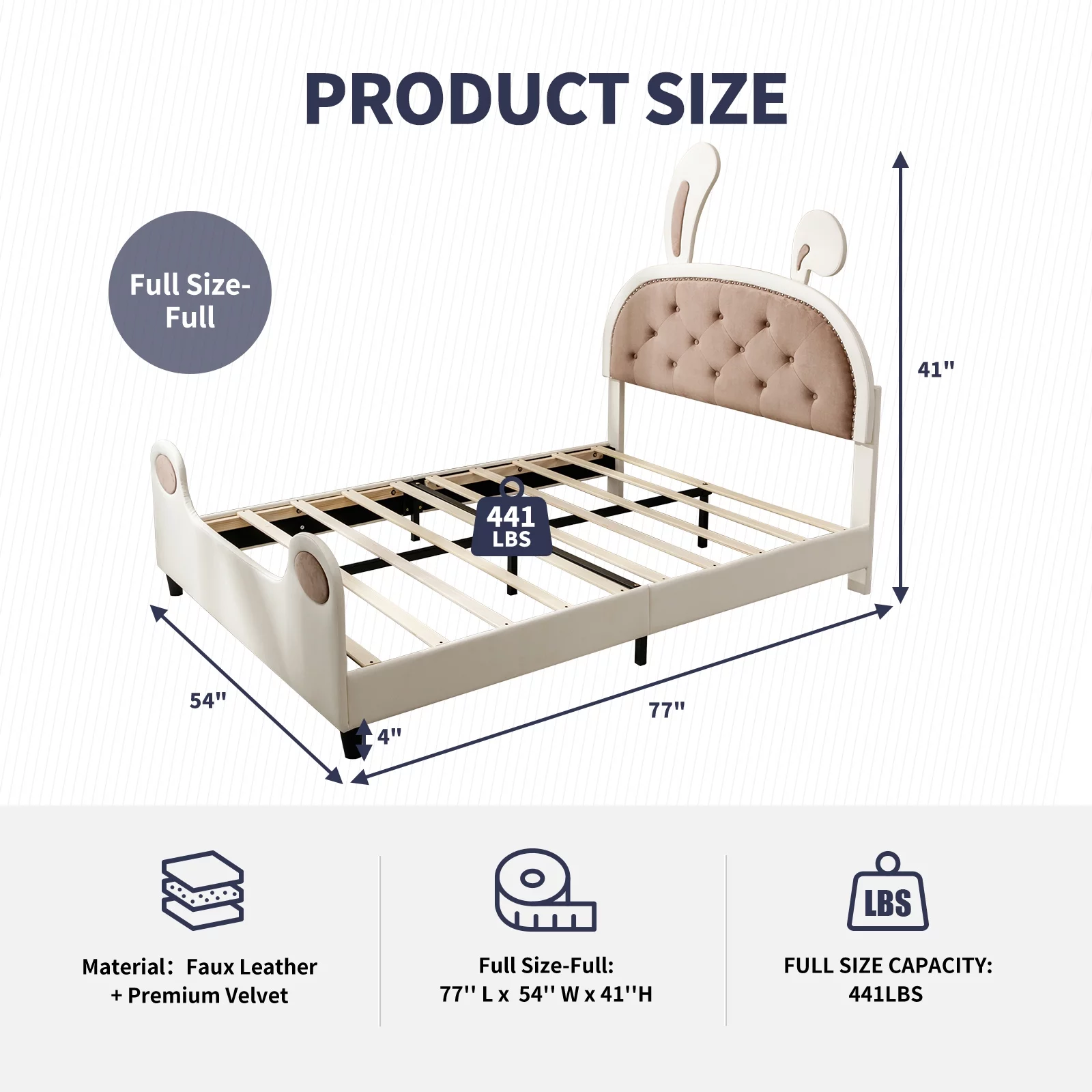 ZAFLY Full Size Bed Frames for Kids, Children Upholstered Bed with Rabbit Ears Headboard, Bunny Platform Bed for Girls, Princess Bed Frame