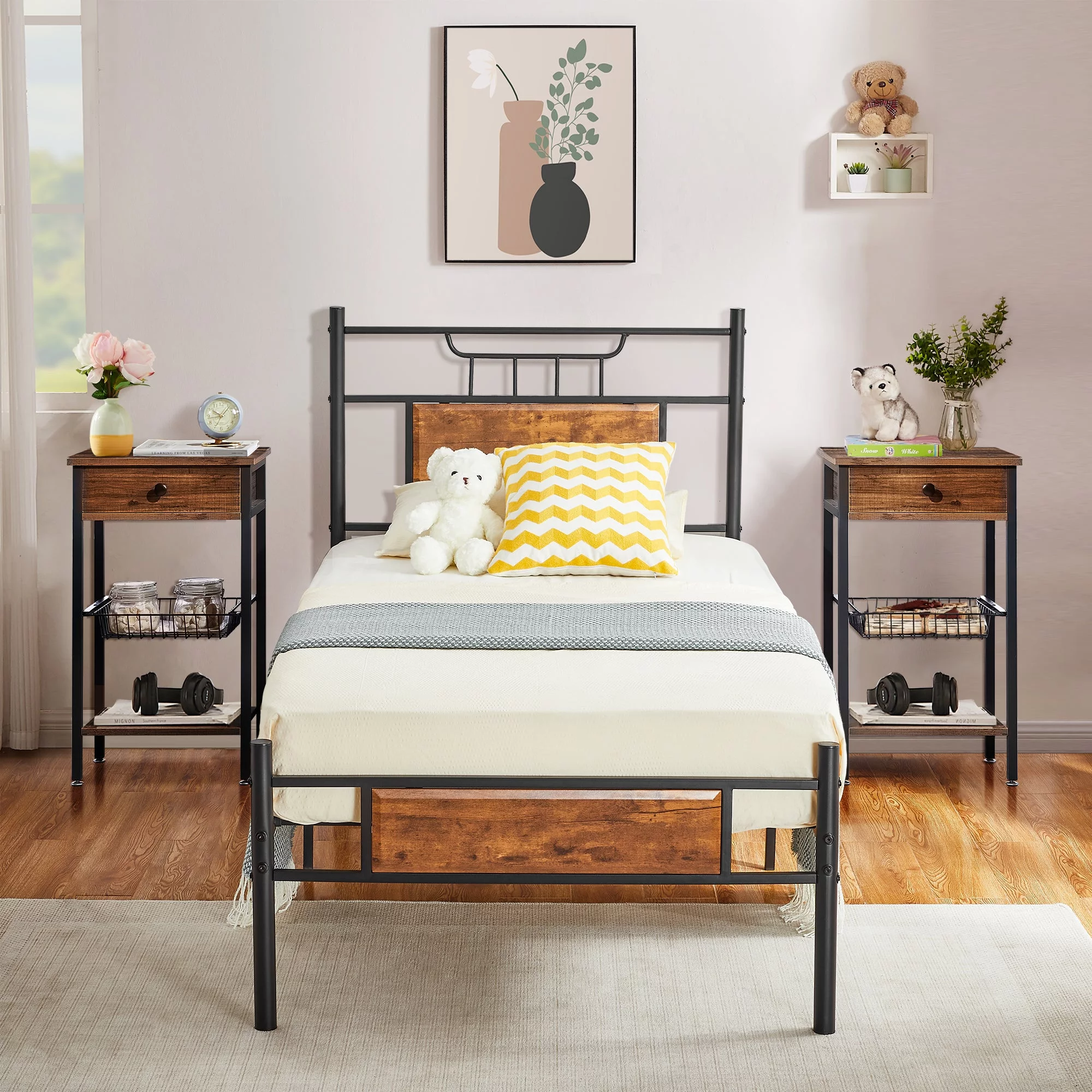 VECELO 3-Piece Bedroom Set with Twin Bed Frame and 2 Nightstand, Brown