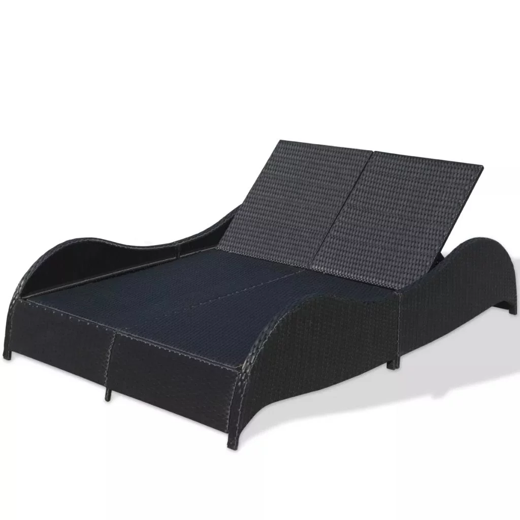 walmeck Double Sun Lounger with Cushion Poly Rattan Black