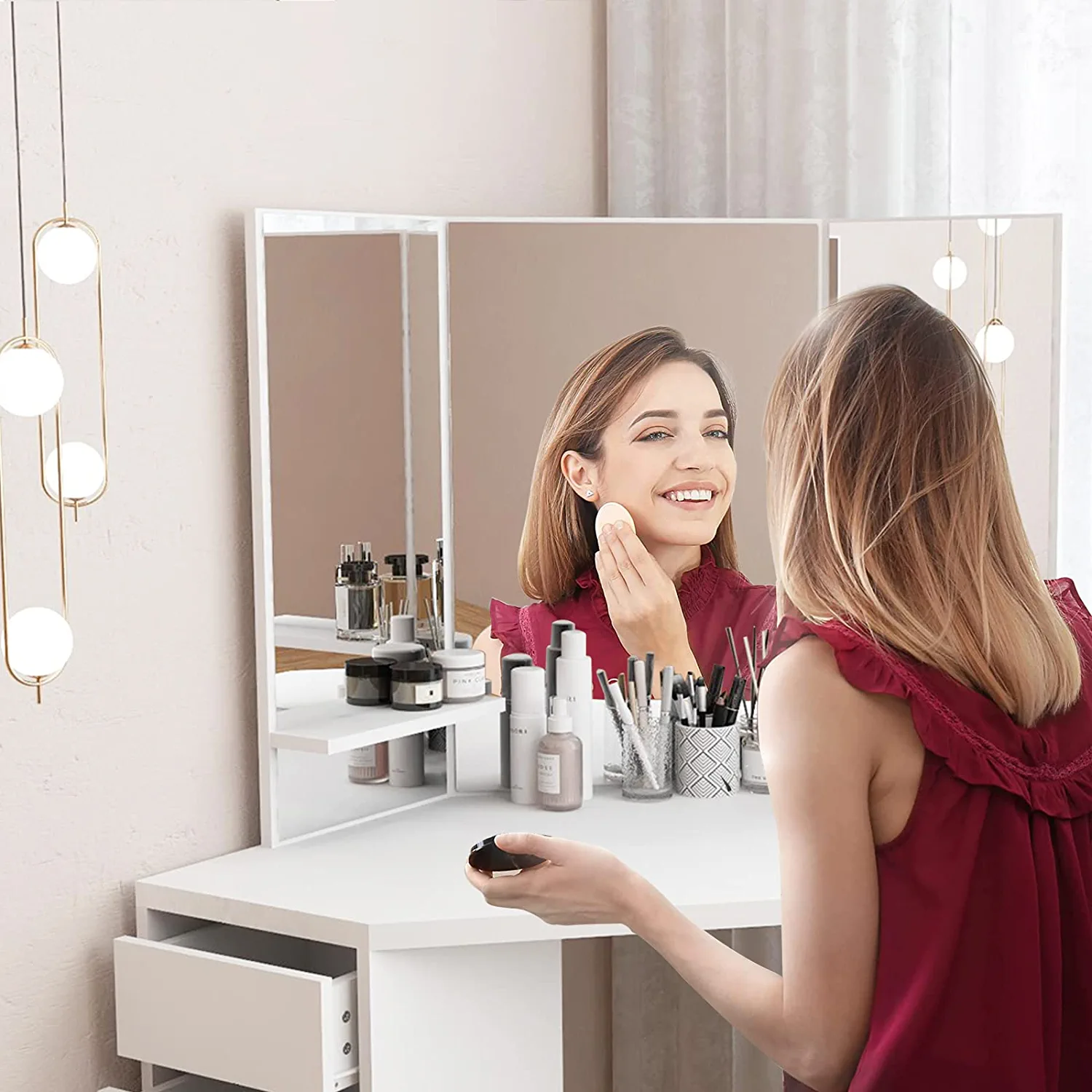 Vanity Makeup Desk Dressing Table with Three-Fold Mirror and 5 Drawers, Large Storage Corner Makeup Vanity Table for Girls, Gray