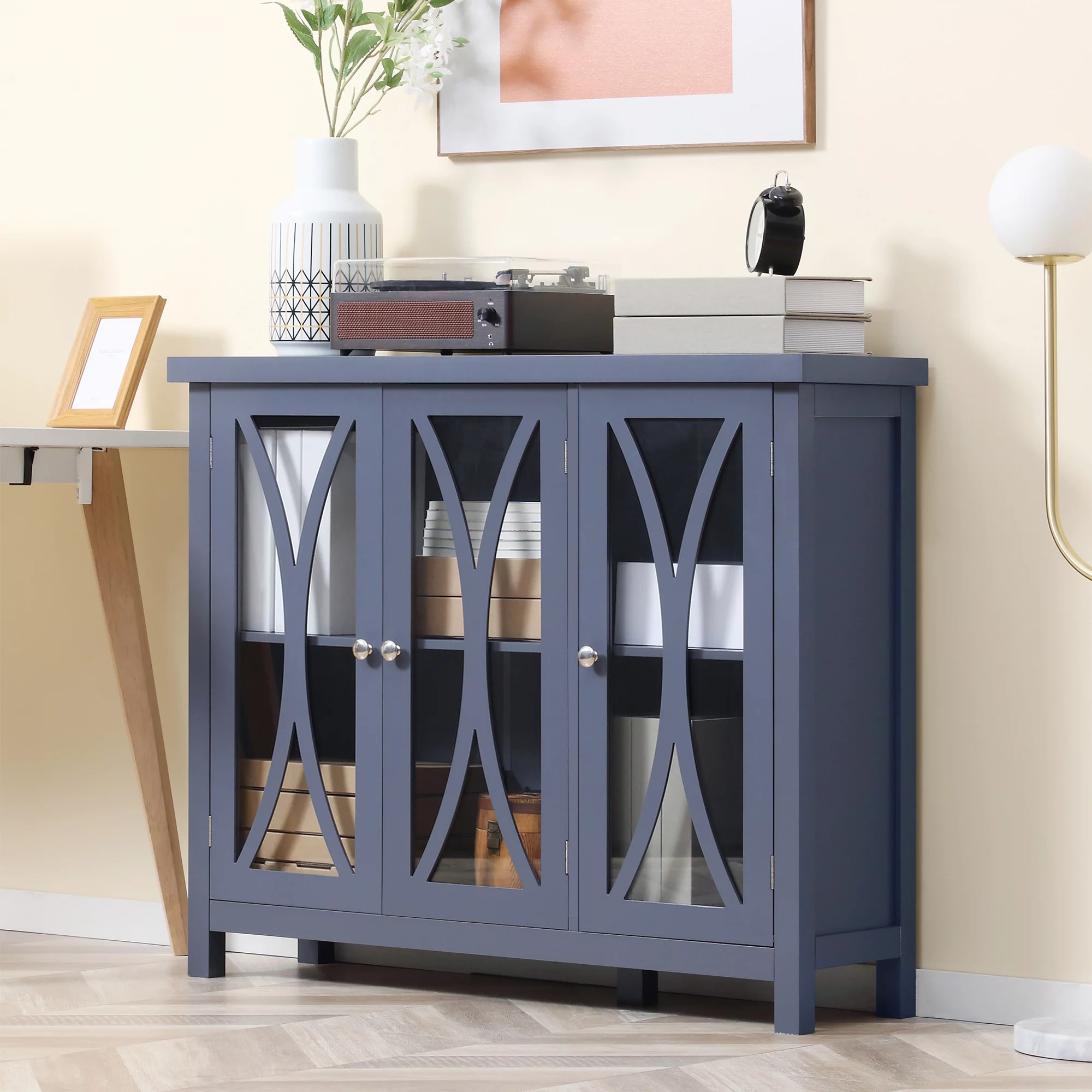 HOMCOM Sideboard, Buffet Cabinet with Storage, Adjustable Shelves, Credenza with 3 Glass Doors for Living Room, Study, Gray