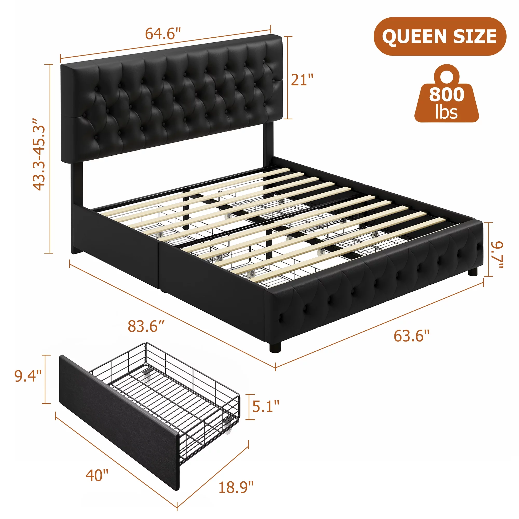 Homfa Faux Leather Storage Platform Bed Frame, Queen Black Bed Frame with 4 Drawers, Upholstered with Adjustable Headboard