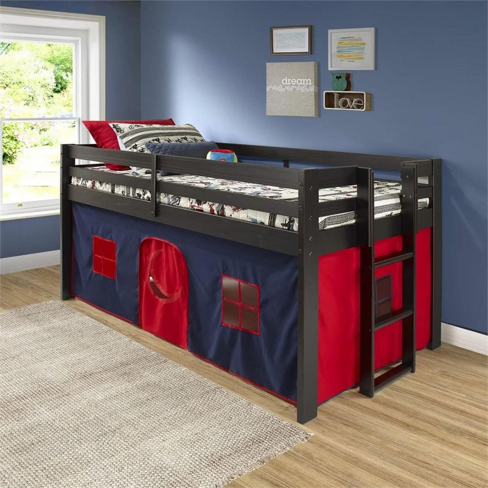 Roseberry Kids Wood Twin Jr Loft Bed Frame & Playhouse Tent in Blue/Espresso/Red