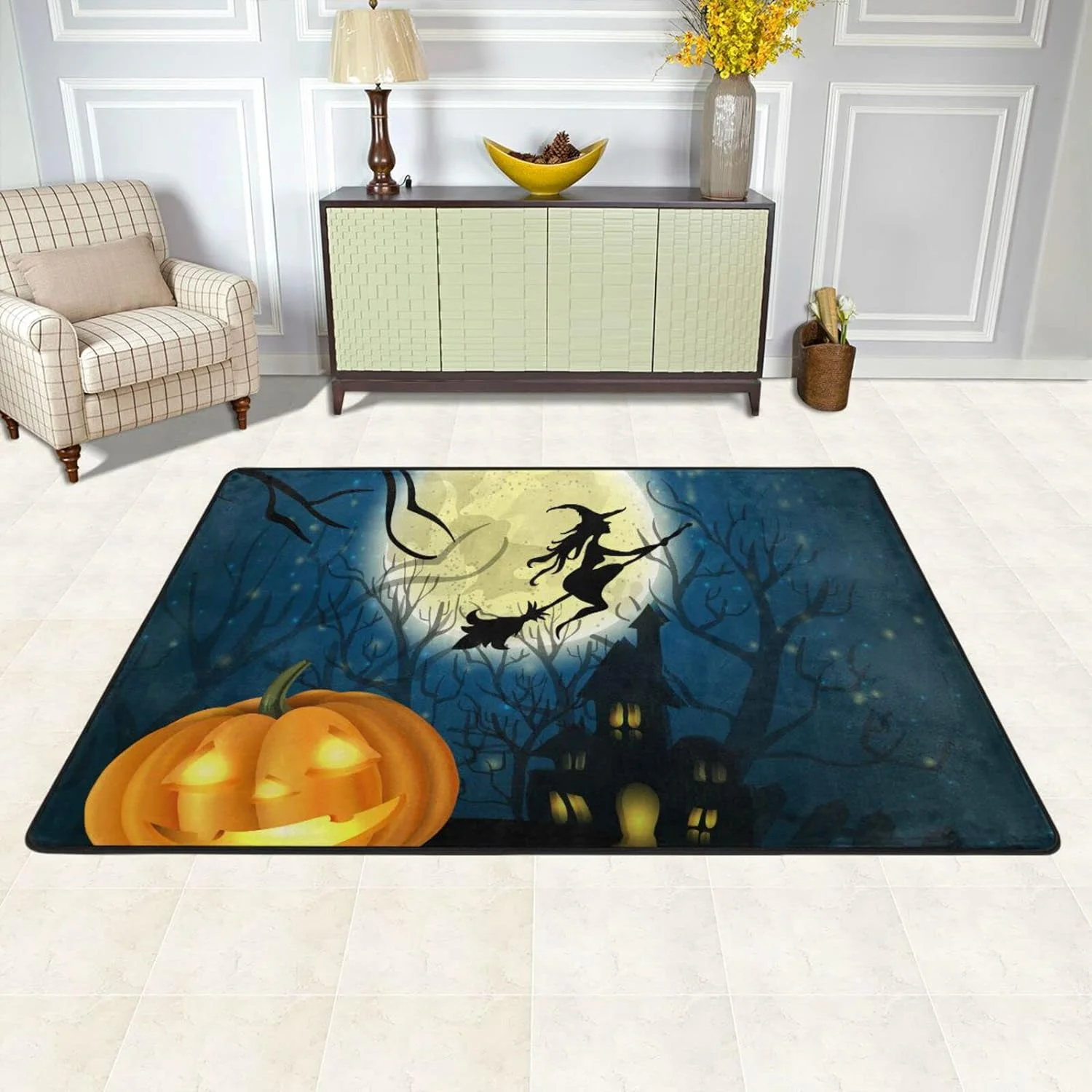 SKYSONIC 72×48in Halloween Witch Pumpkin Area Rug, Spooky Castle Full Moon Non-Slip Floor Carpet Comfort Floor Mats Decor for Indoor Living Dining Room and Bedroom Area