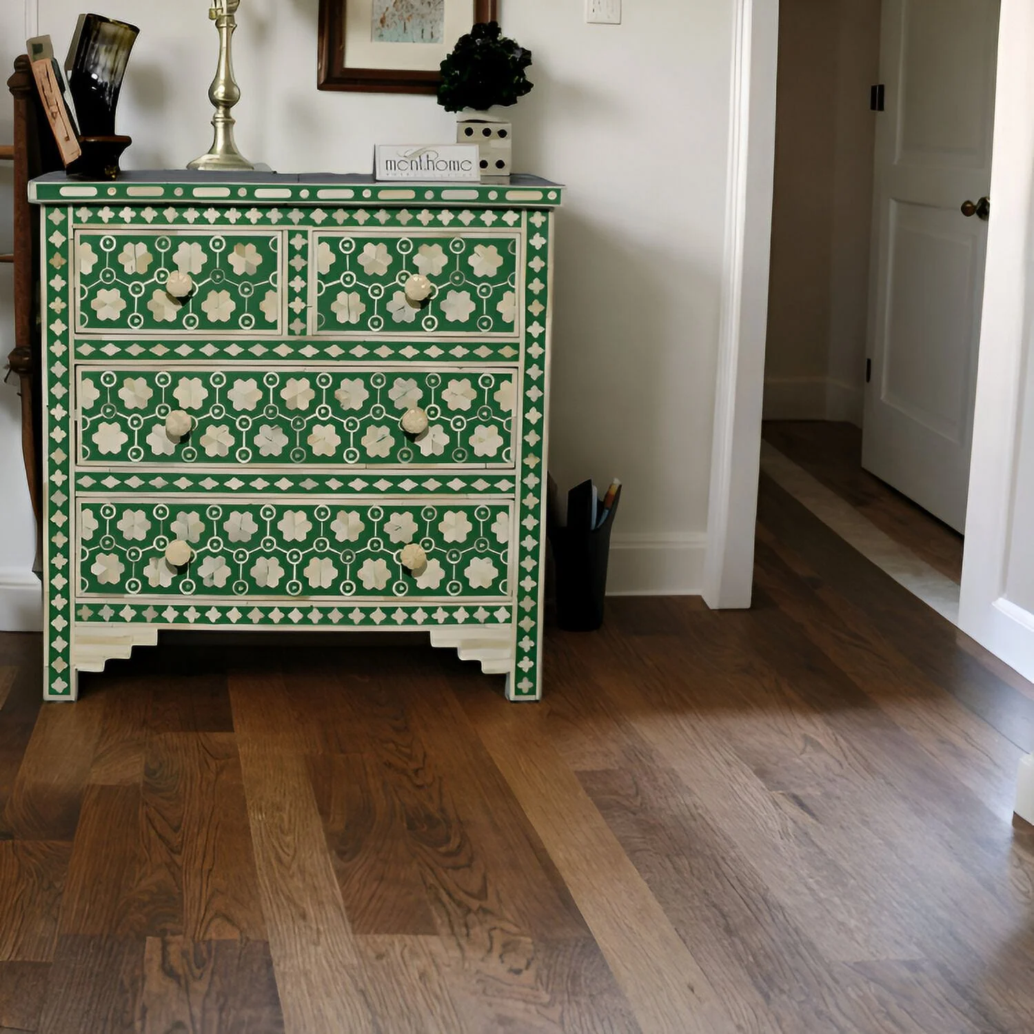 Four-Drawer Flower Pattern Bone inlay green dresser