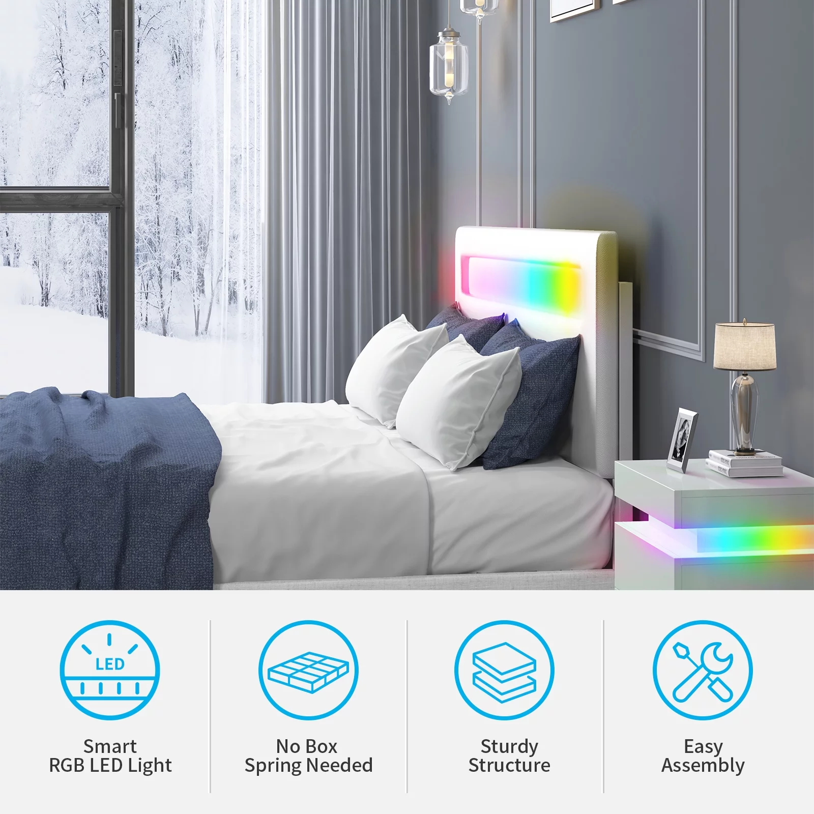 Mjkone Queen Size Bed Frame with RGB LED Headboard, Platform Bed Frame with Smart LED Strip Light, RGB LED Light Controlled by Alexa or APP, Queen Bed Frames Adjustable Lighting Effects(Queen,White)