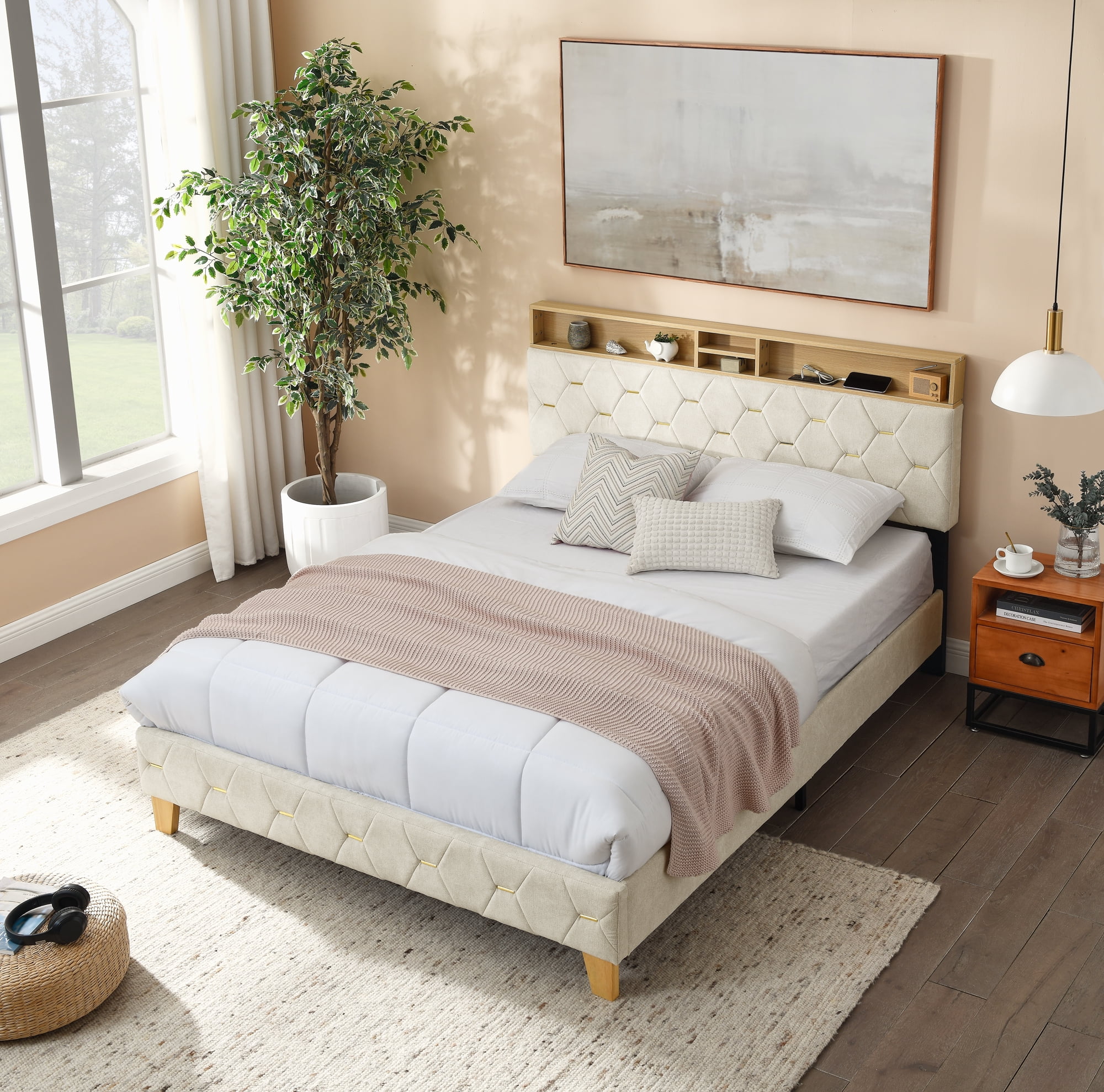 Upholstered Bed 160 x 200 cm with USB and Storage Headboard, Double Bed with Slatted Frame and Bed Box, Youth Bed, Family Bed with Linen Upholstery