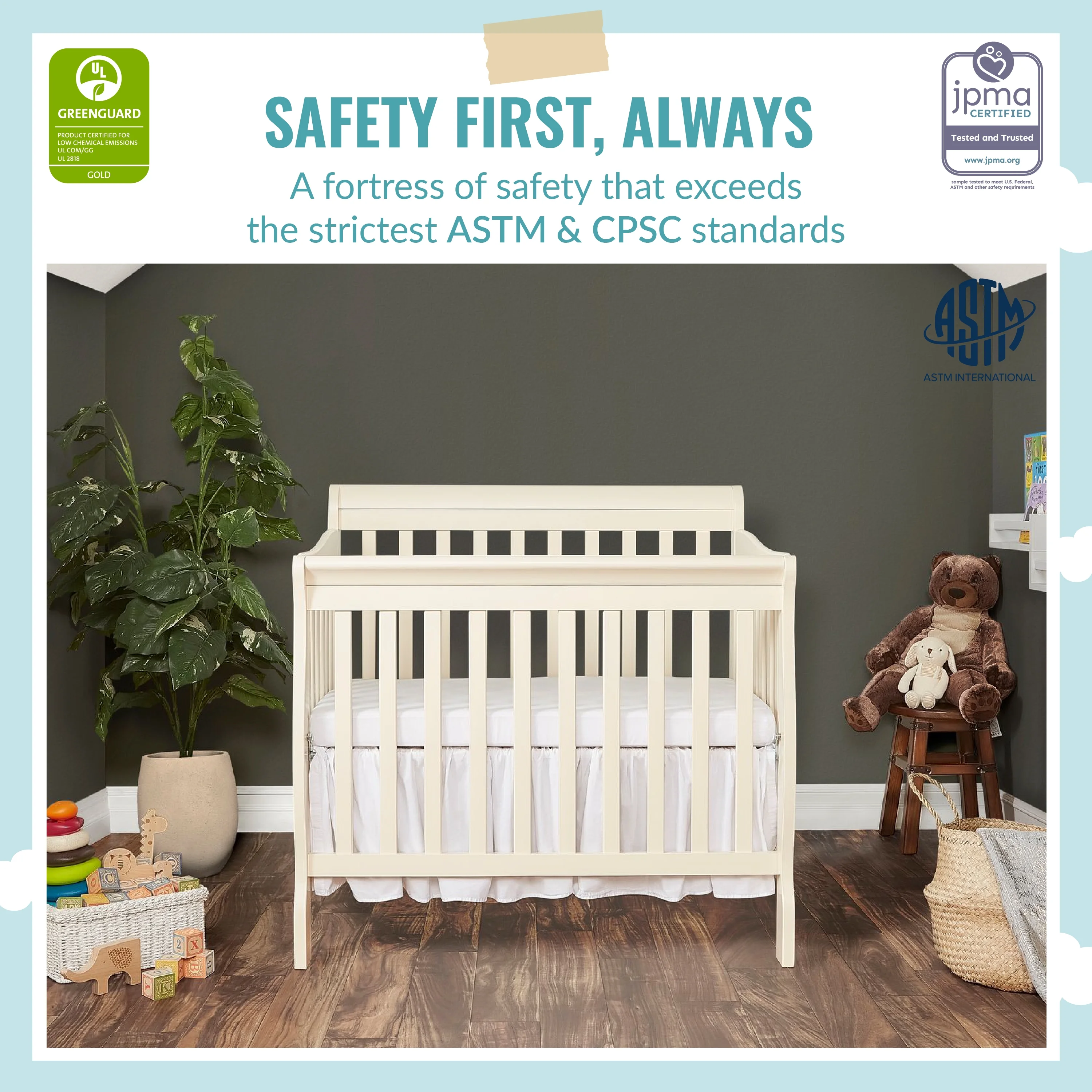 Dream On Me Aden 4-in-1 Convertible Mini Crib In French White, Greenguard Gold Certified