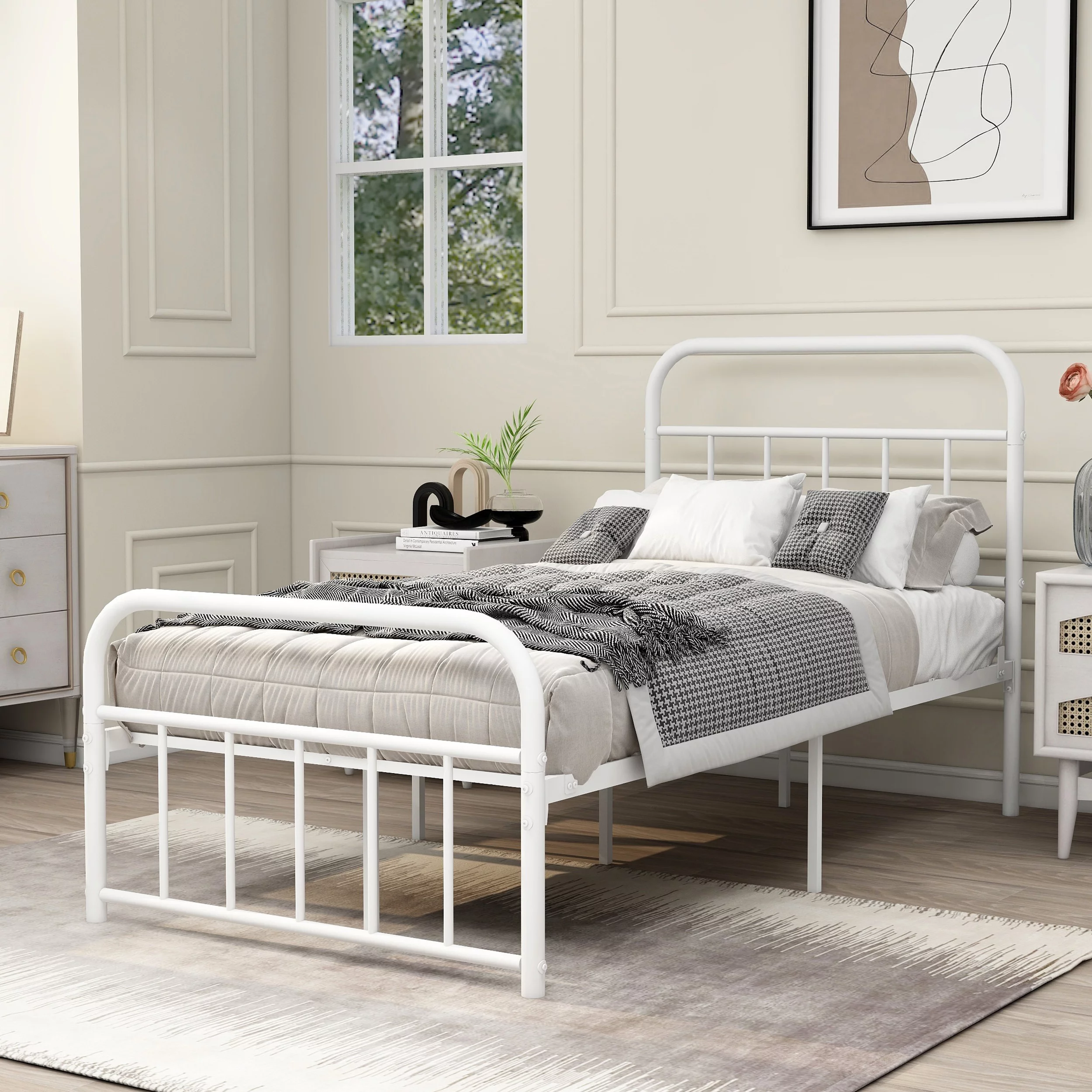 AUFANK Twin Size Heavy Duty Metal Platform Bed Frame, Headboard and Footboard, White
