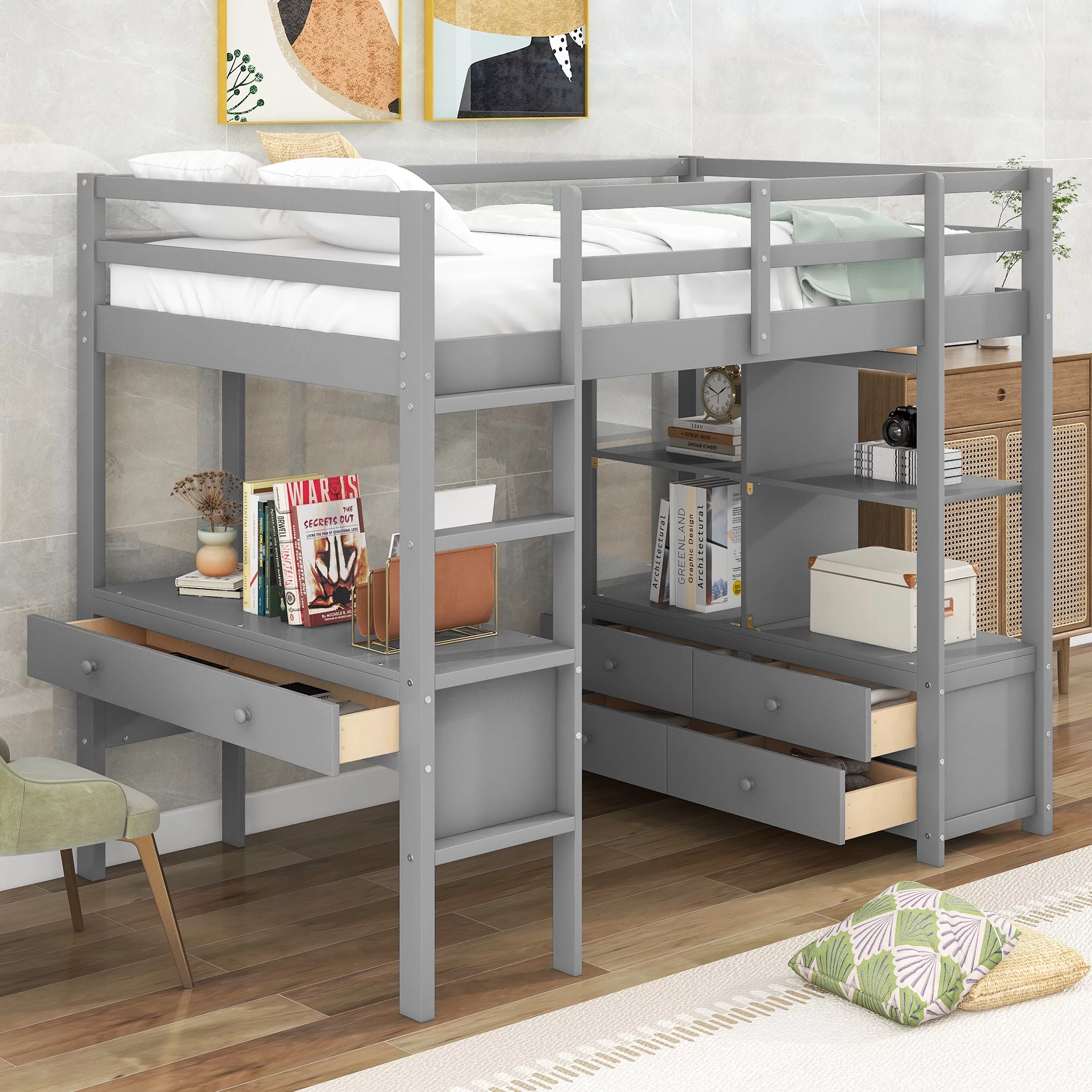 Euroco Twin Size Wood Loft Bed with Desk, Drawers and Shelf for Kids Room, Gray