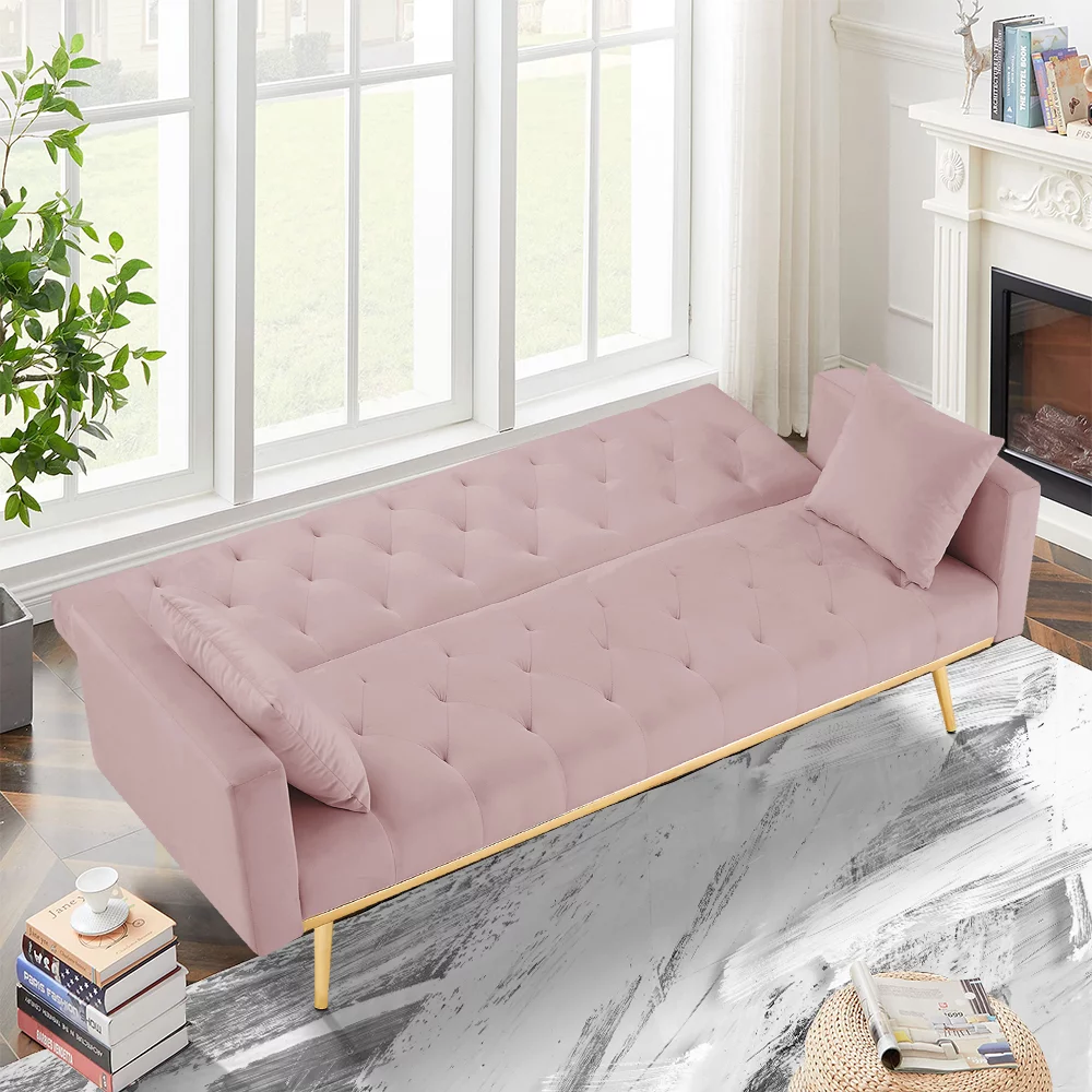 KAMIDA Convertible Sofa Bed, Modern Velvet Sleeper Sofa Bed with Armrest and 2 Pillows, Futon Sofa Bed Sleeper with Gold Metal Legs, Couches and Sofas Furniture for Home Living Room Bedroom, Pink