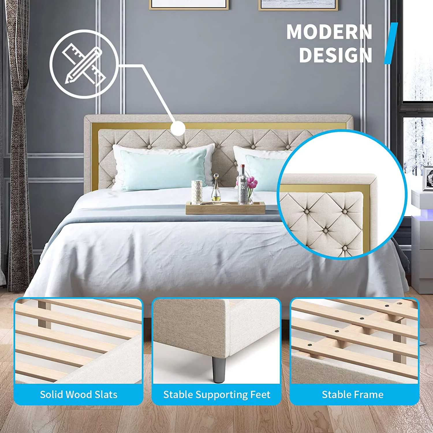 Mjkone King Size Bed Frames with Headboard, Upholstered Bed Frame with Wooden Slat Support, Platform Bed Frame, No Box Spring Needed/Easy Assembly/No Mattress (Beige)