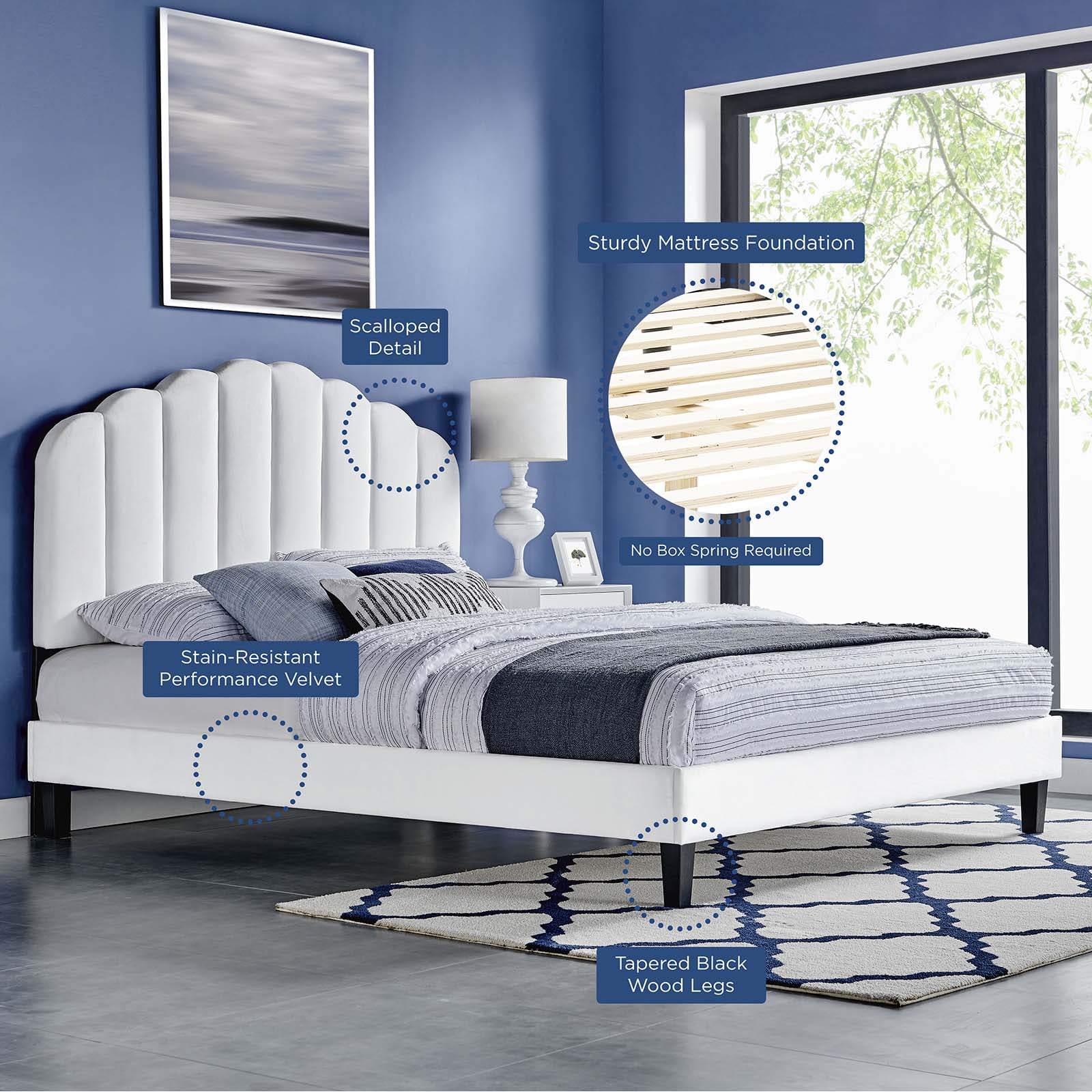 Platform Bed Frame, King Size, White, Velvet, Modern Contemporary, Bedroom Master Guest Suite Room
