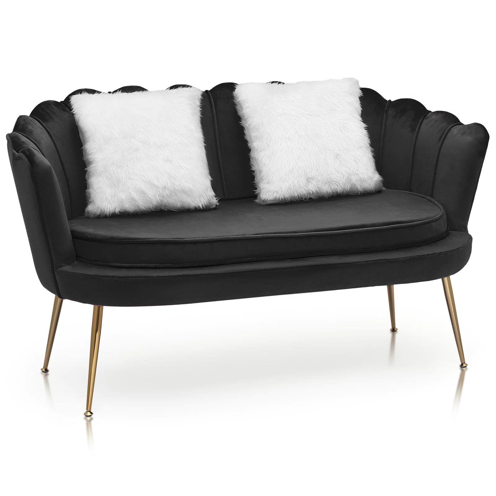MoNiBloom Modern Tufted Sofa, Velvet Loveseat Furniture with Two Pillows, Sleeper Sofa Couch with Padded Seat and Golden Metal Legs for Living Room, Black