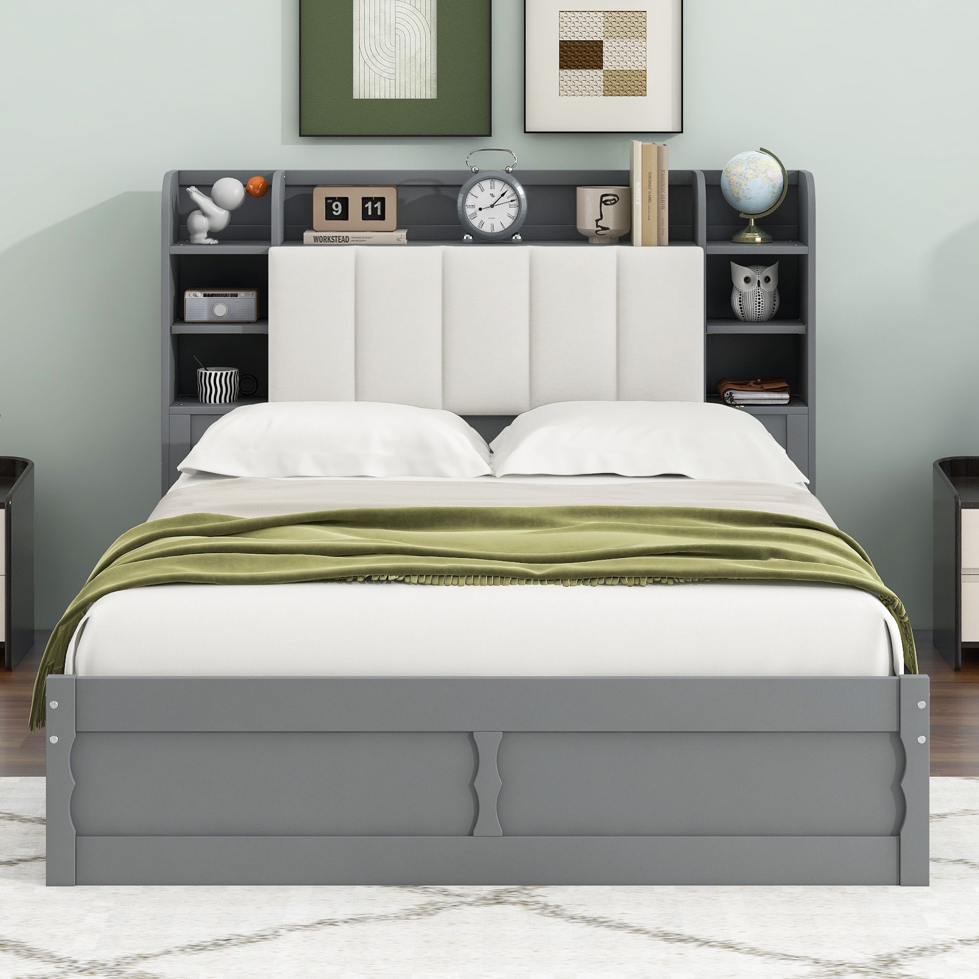 Queen Size Solid Wood Bed Frame with Storage Headboard, Shelves and 2 Drawers, Platform Bed Frame, Mid Century Bedframe, Wood Foundation(Gray, Queen)