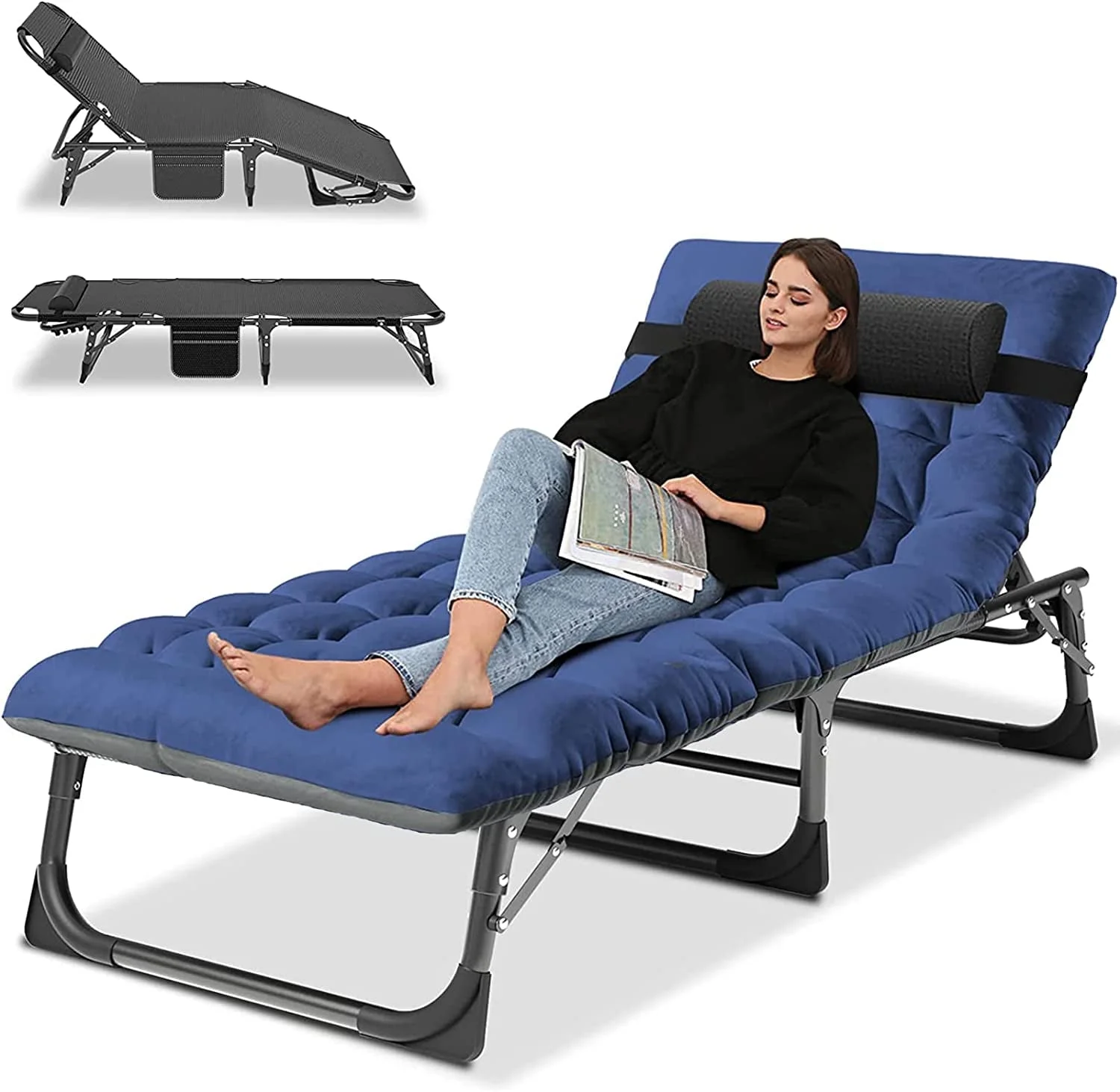 Slsy Folding Camping Cot with 2 Sided Cushion & Headrest for Adults & Kids, Adjustable 5-Position Folding Lounge Chair, Folding Sleeping Cots Guest Bed