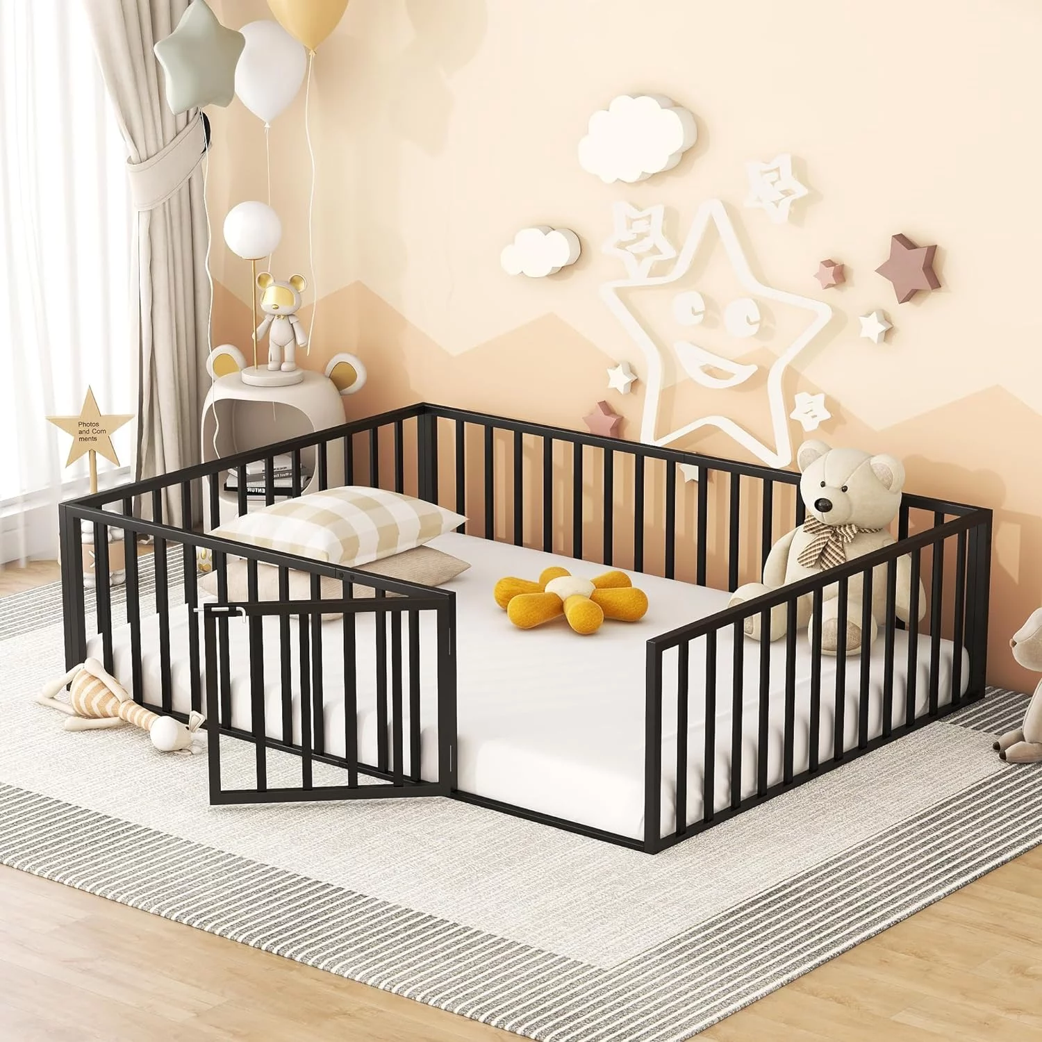Quee Floor Bed With Fece Rails Ad Door, Metal Floor Bed Quee For Girls Boys, Quee Size Motessori Floor Bed For Kids (Quee,Black)