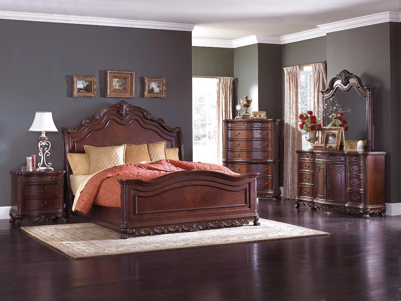 Formal Traditional Style Bedroom 4pc Cherry Finish Queen Bed Dresser Nightstand Mirror Set