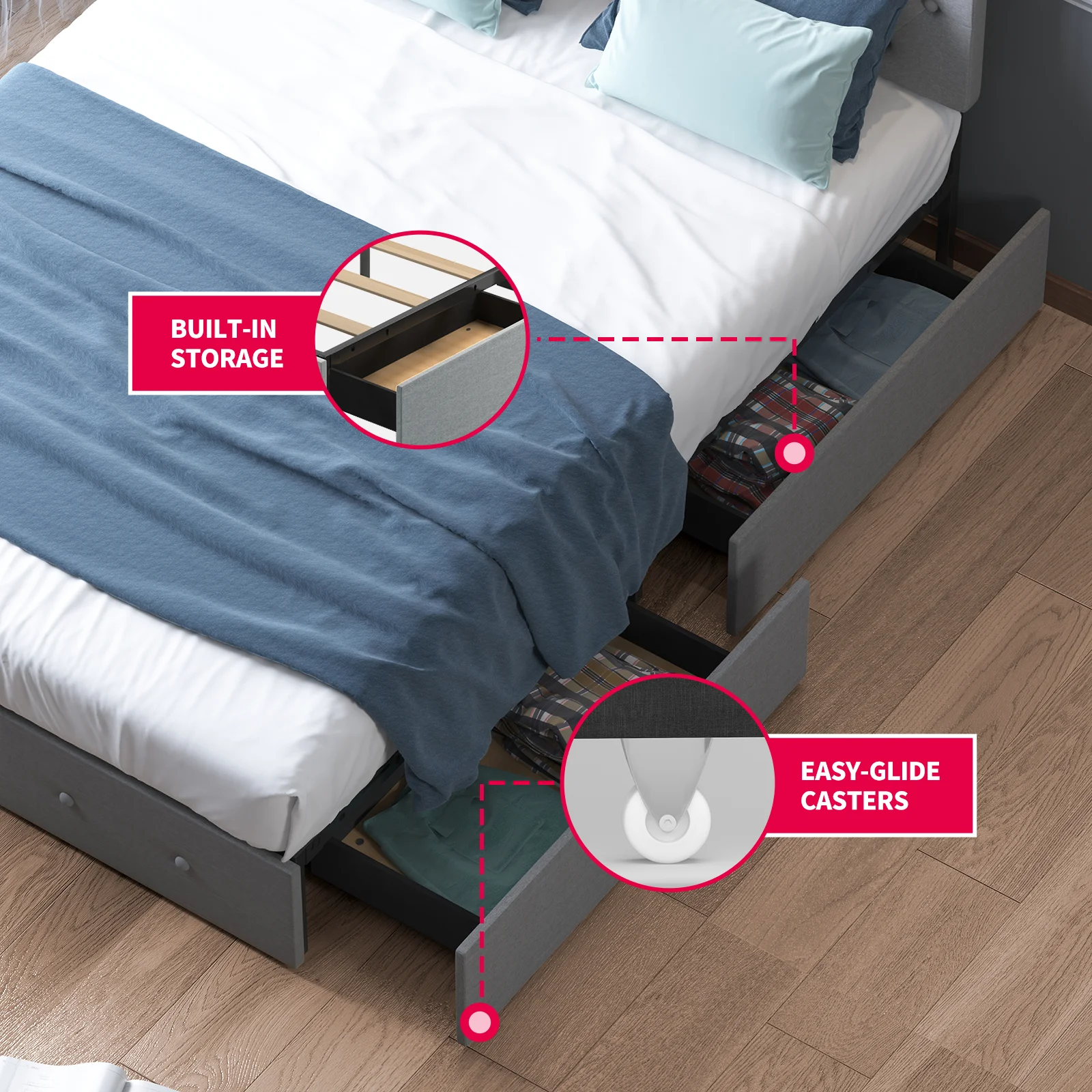 MUZZ Cal King Size Bed Frame with 4 Large Storage Drawers (Light Grey)