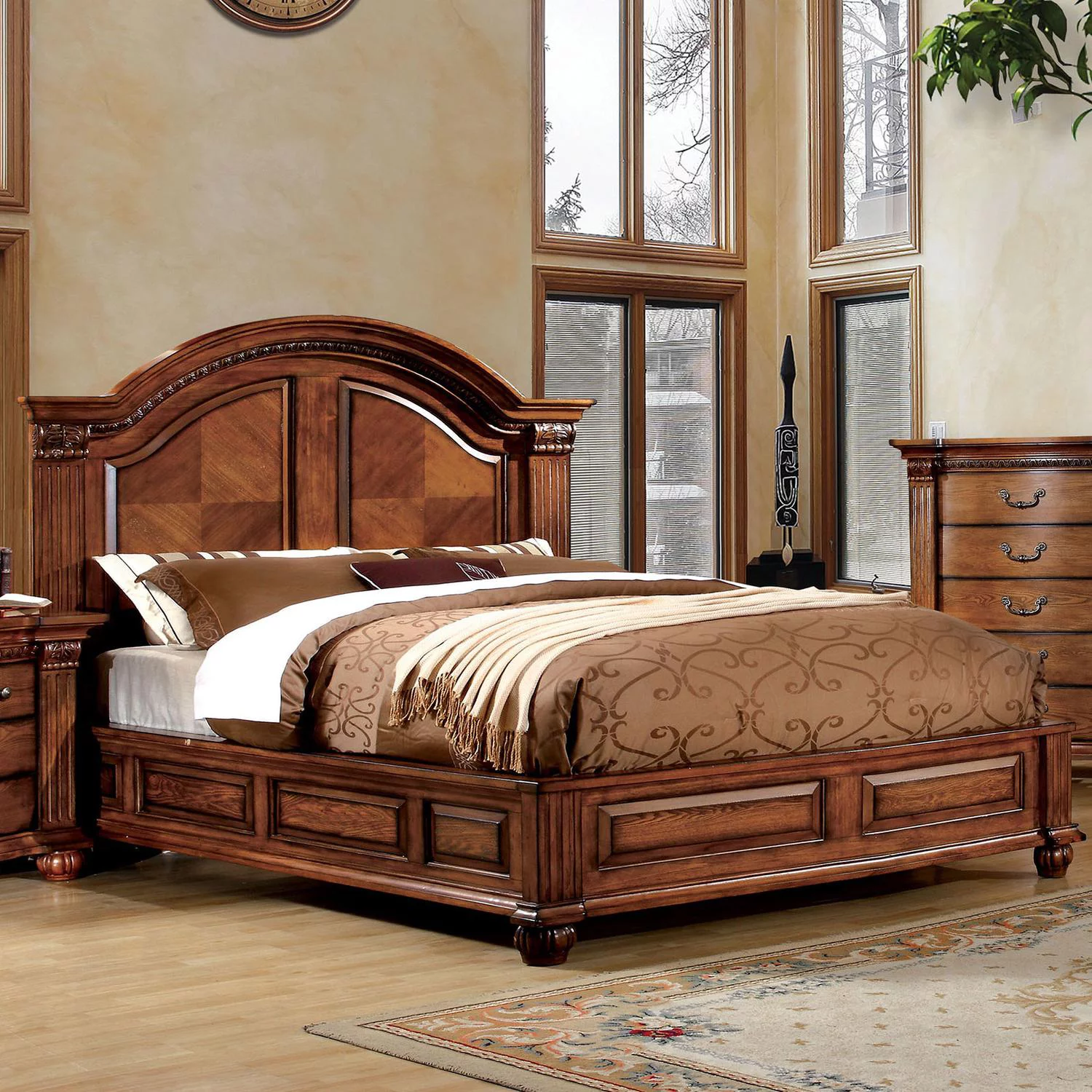 Antique Tobacco Oak Solid Wood King Bedroom Set 5pcs FOA CM7738-EK Bellagrand
