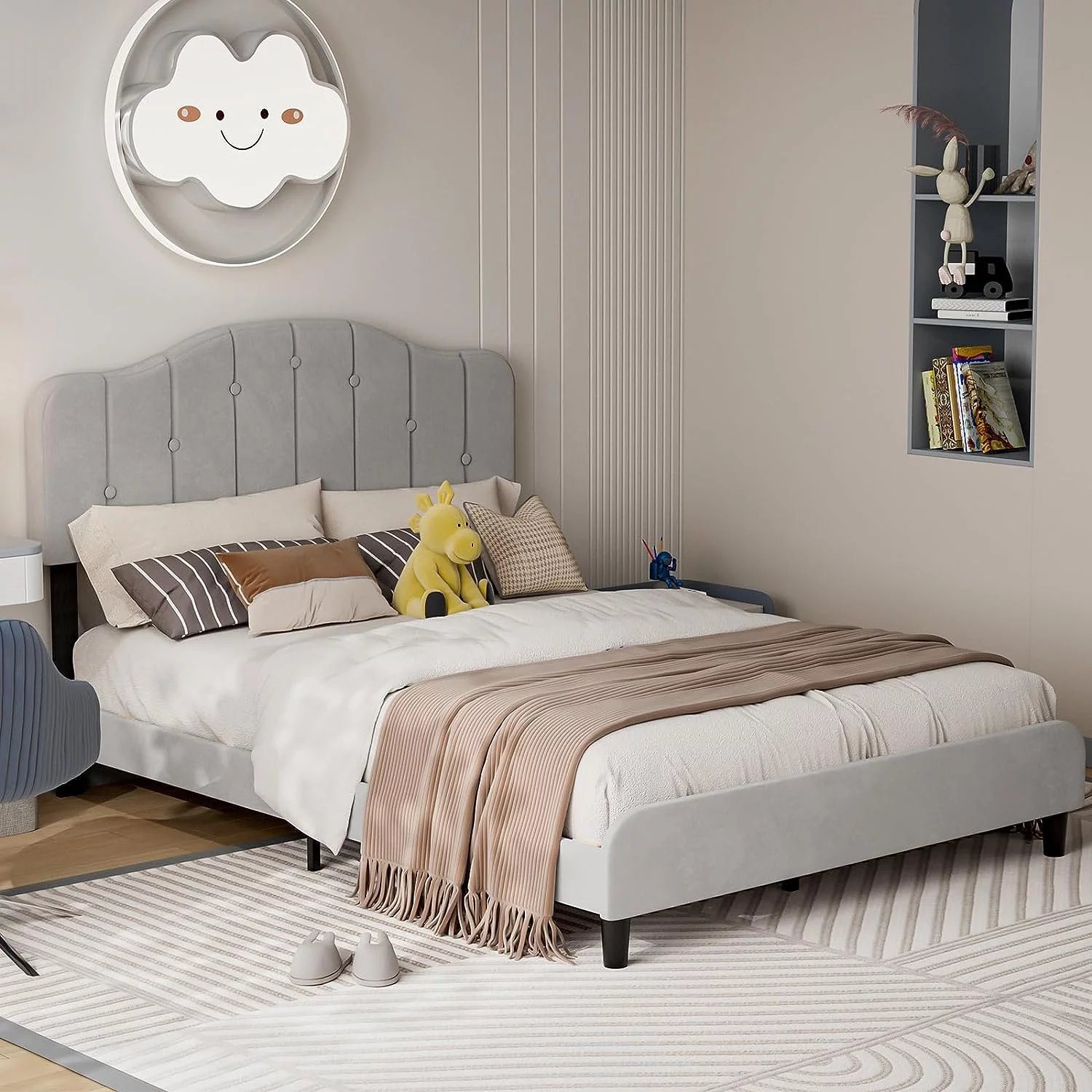 IKIFLY Velvet Upholstered Full Size Bed Frame - Button Tufted Full Platform Bed with Adjustable Headboard, Solid Wood Slats Support, No Box Spring Needed, Easy Assembly - Light Grey