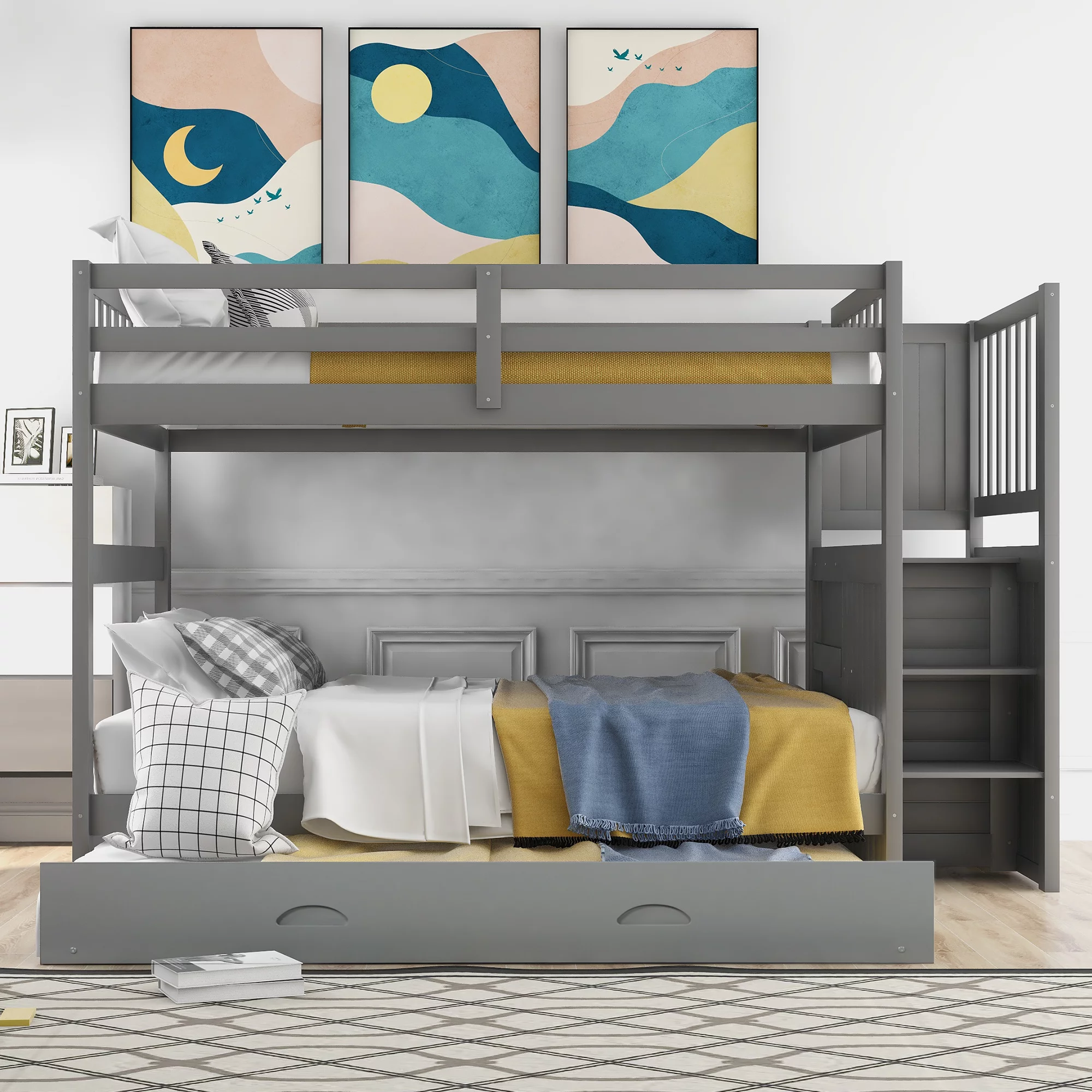 CoSoTower Full over Full Bunk Bed with Twin Size Trundle, Gray