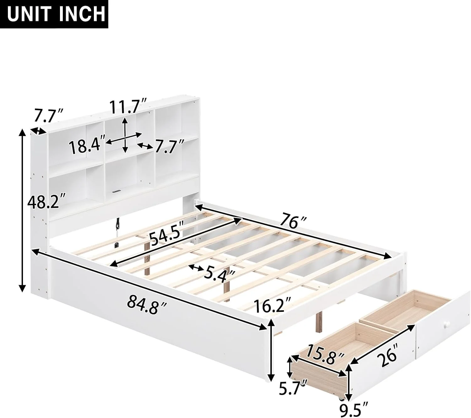Full Size Platform Bed With Storage Headboard Chargig Statio Ad 2 Drawers, Storage Platform Bed, White