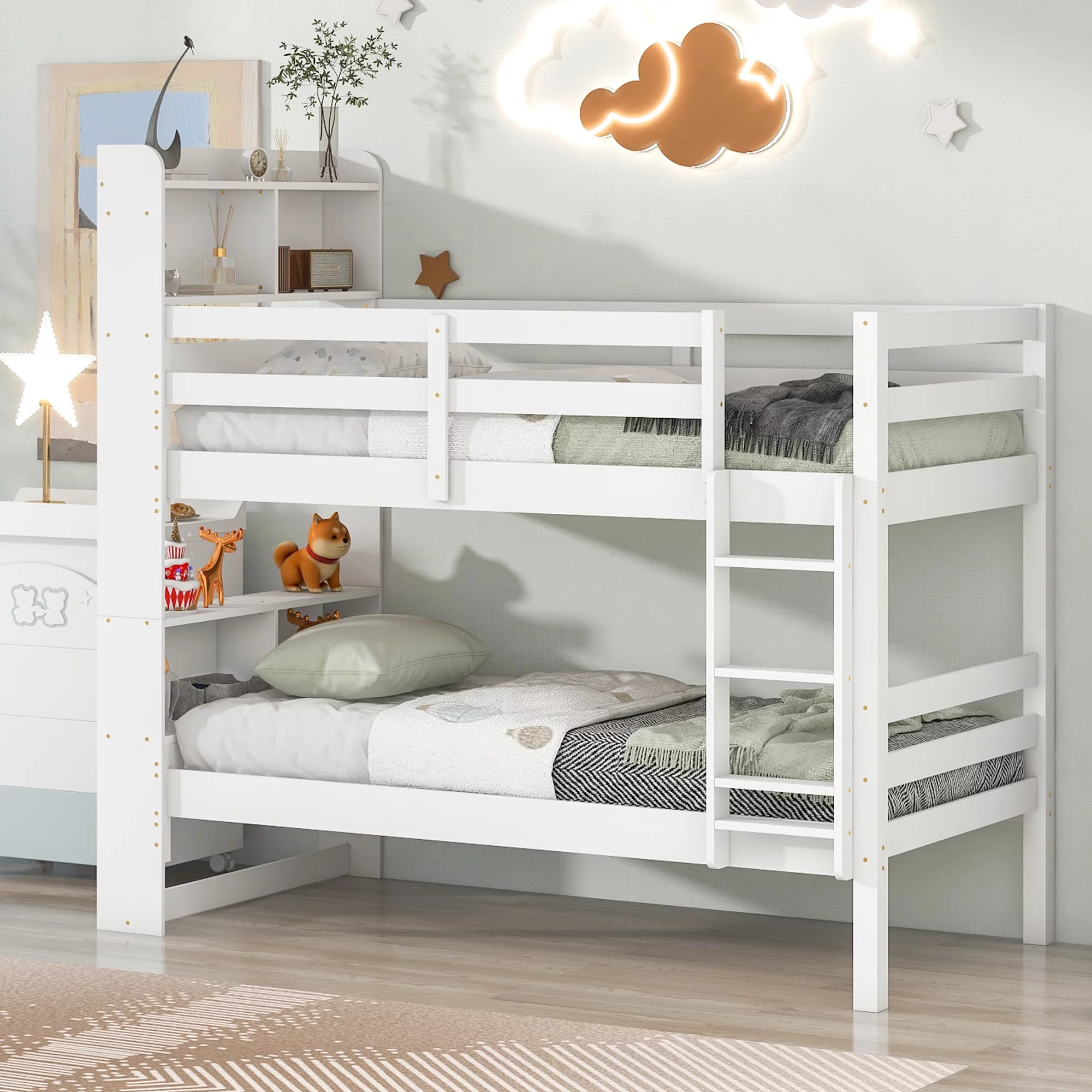 Solid Wood Twin over Twin Bunk Bed with Bookcase Headboard, Ladder and Guard Rail, Twin over Twin Bunk Bed for Toddler Kids Teens, Can Be converted into 2 Beds(White)