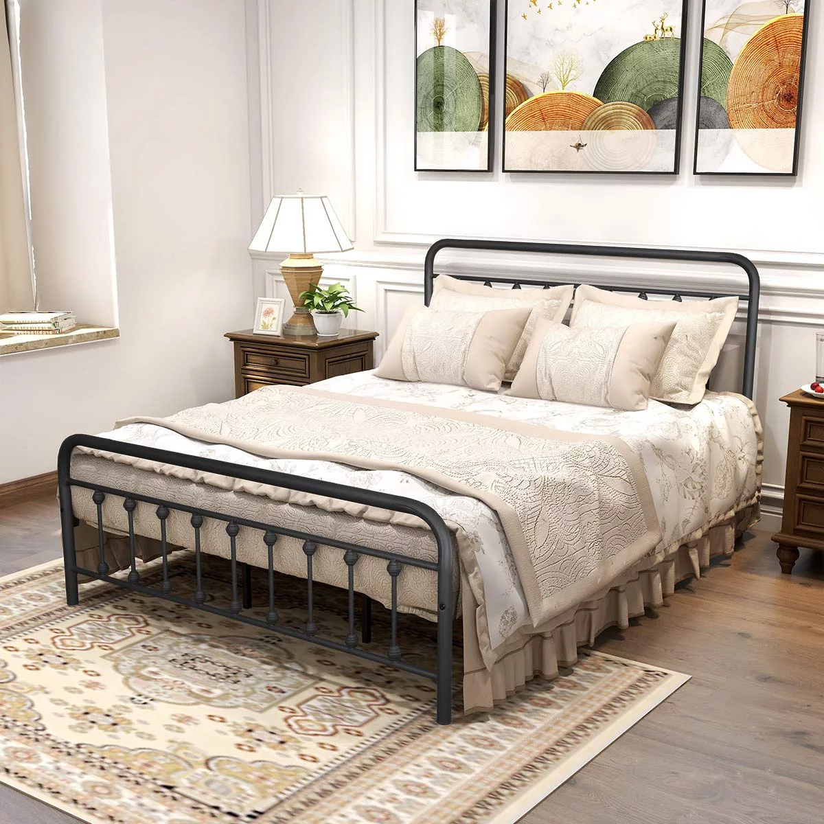 Black Metal Bed Frame Queen Size with Headboard and Footboard Metal Platform Slats Support,Textured Black