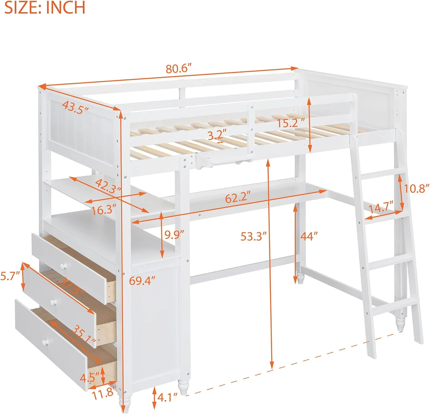 Lof Bed Wih Desk Solid Wood Size Lof Bed Frame Wih 3 Drawers Ad 2 ier Shelves For Kids ees Boys Girls, o Box Sprig eeded (Whie)