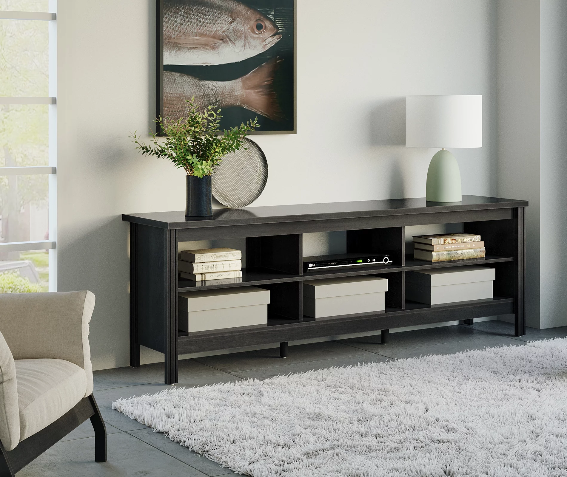 TV Stand for 75 Inch TV, Farmhouse Wood TV Cabinet with 6 Cubby for Living Room Bedroom,70 inch Black