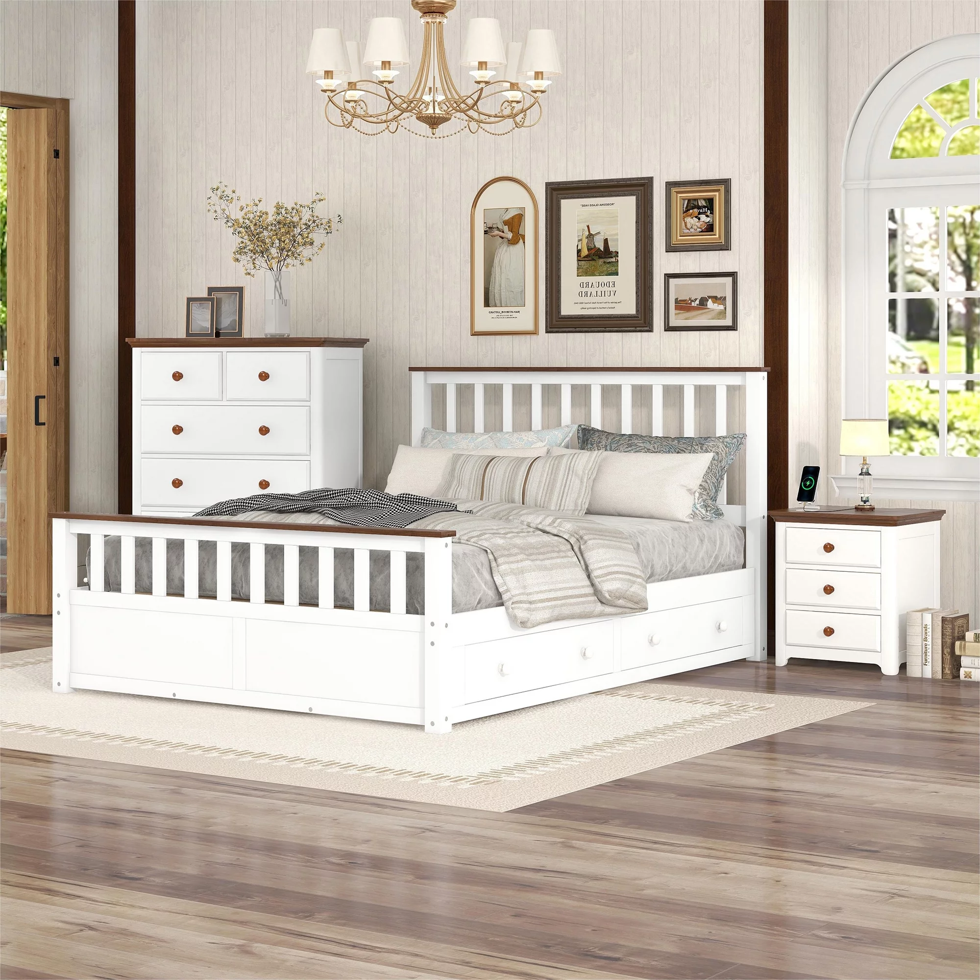 3-Pieces Bedroom Sets Queen Size Platform Bed with Nightstand(USB Charging Ports) and Storage Chest,White+Walnut