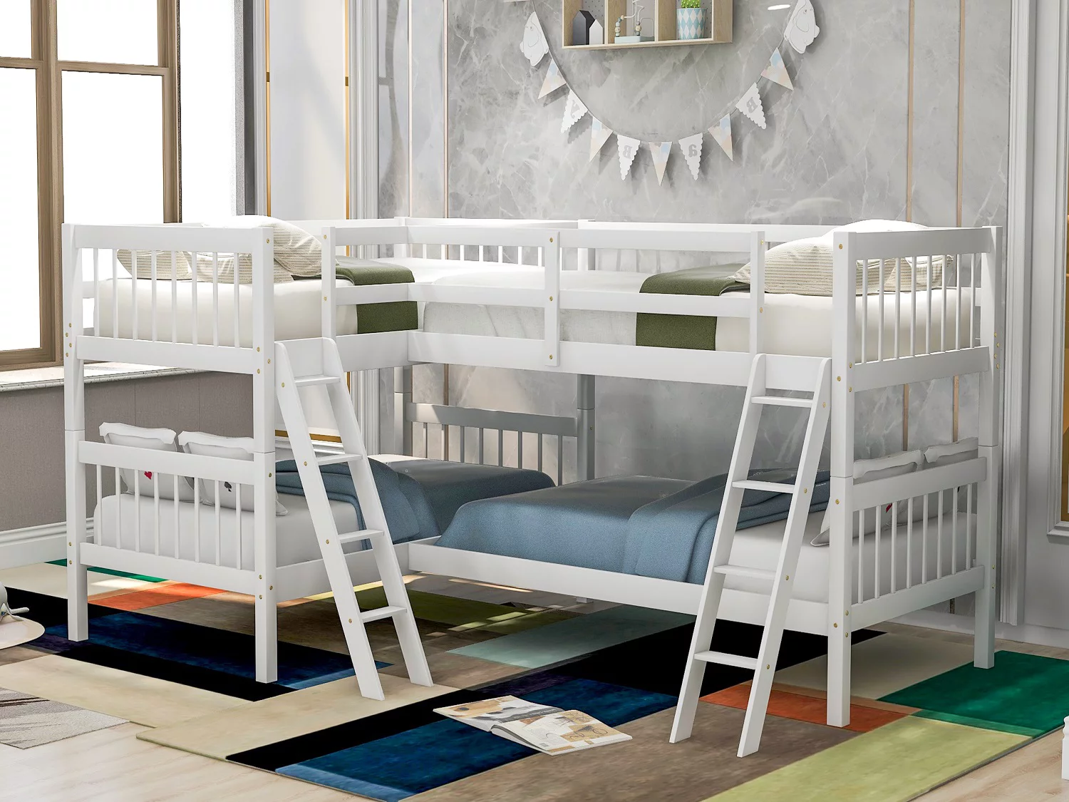 L-Shaped Twin Bunk Bed Twin Over Twin Bunk Bed with Ladder No Box Spring Needed
