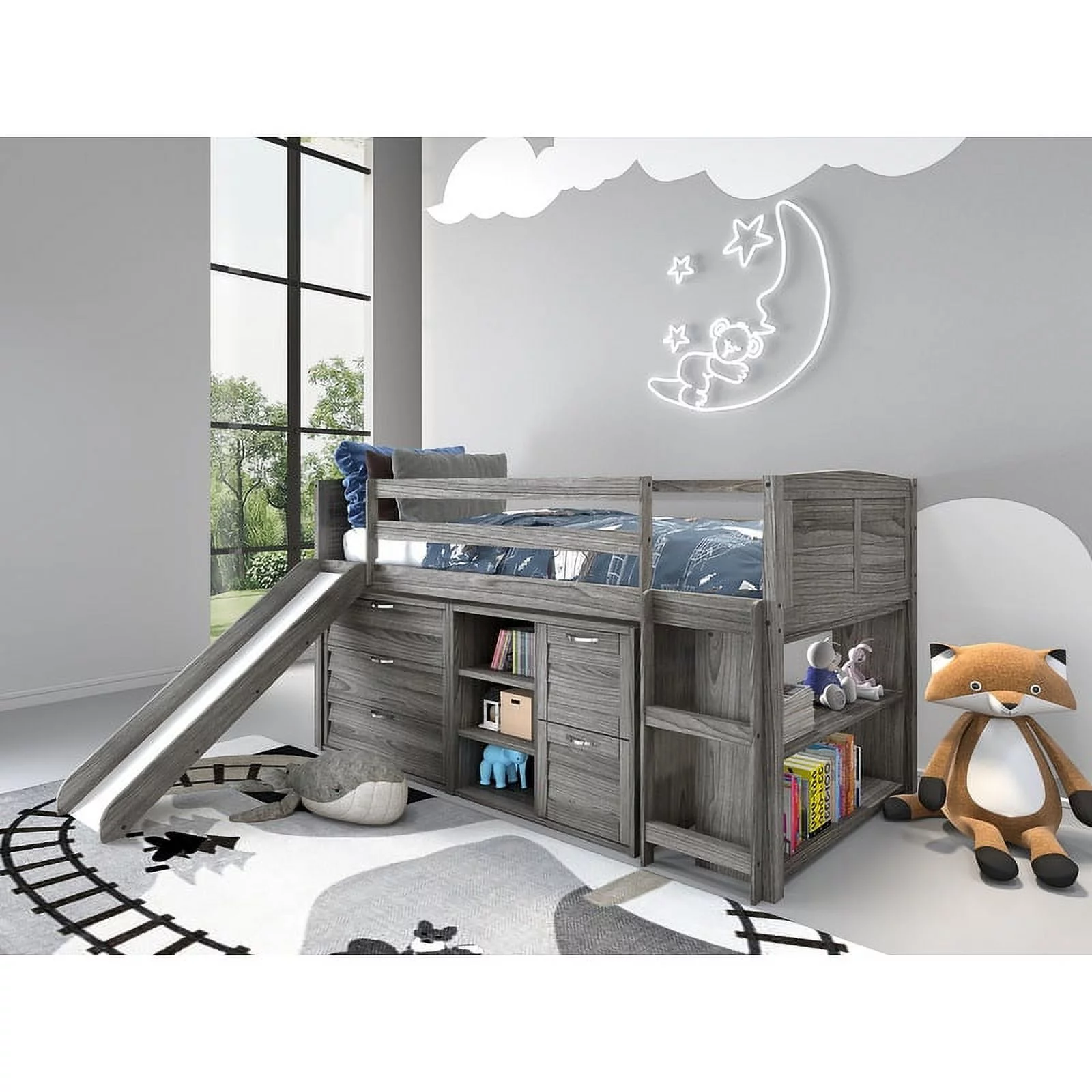 Donco Kids Twin-size Antique Grey Louver Storage Bookcase Loft Bed with Slide. Loft Bed with 2Drawer Chest and Bookcase