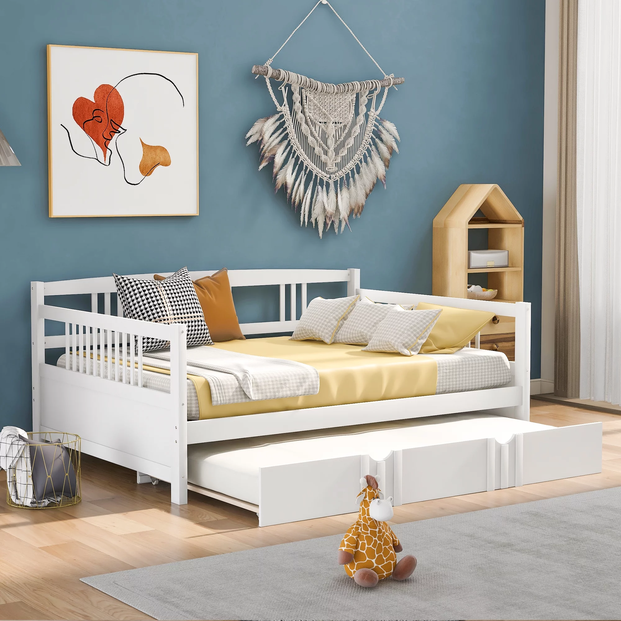 Full Size Daybed with Trundle Included Wood Slat Support for Living Room,White