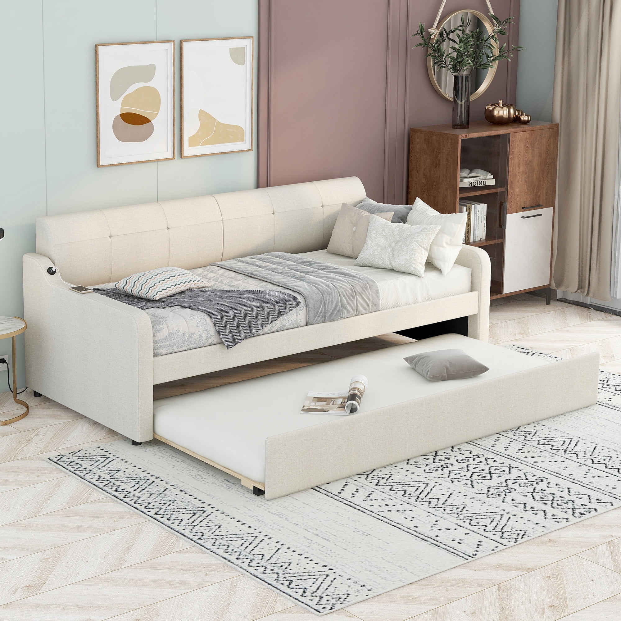 Dawn Whisper Twin Size Upholstery Daybed with Trundle and USB Charging Design, Trundle can be flat or erected, Beige