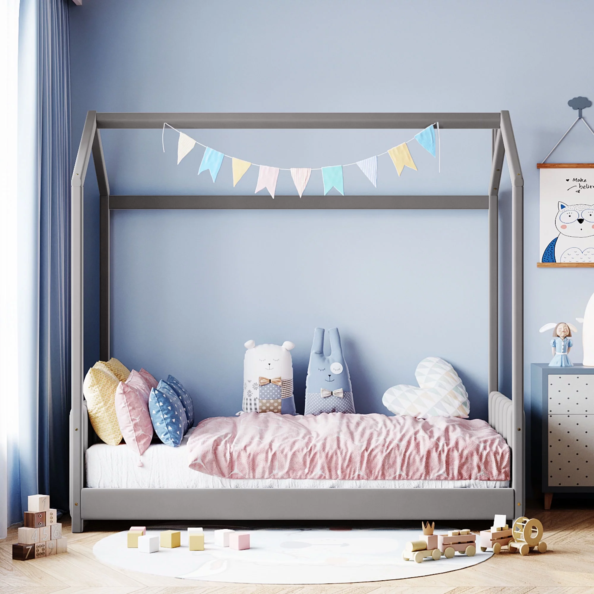 Sesslife Twin House Bed for Kids, Velvet Montessori Floor Bed with Roof, Wood Toddler Twin Floor Bed for Girls, Boys, No Box Spring Needed (Gray)