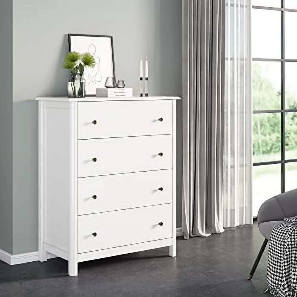 White Dresser with 4 Drawers Dresser Chest of Drawers 4 Drawer Dresser Tall Wood Dresser Cabinet for Living Room Entryway Hallway Ivory White