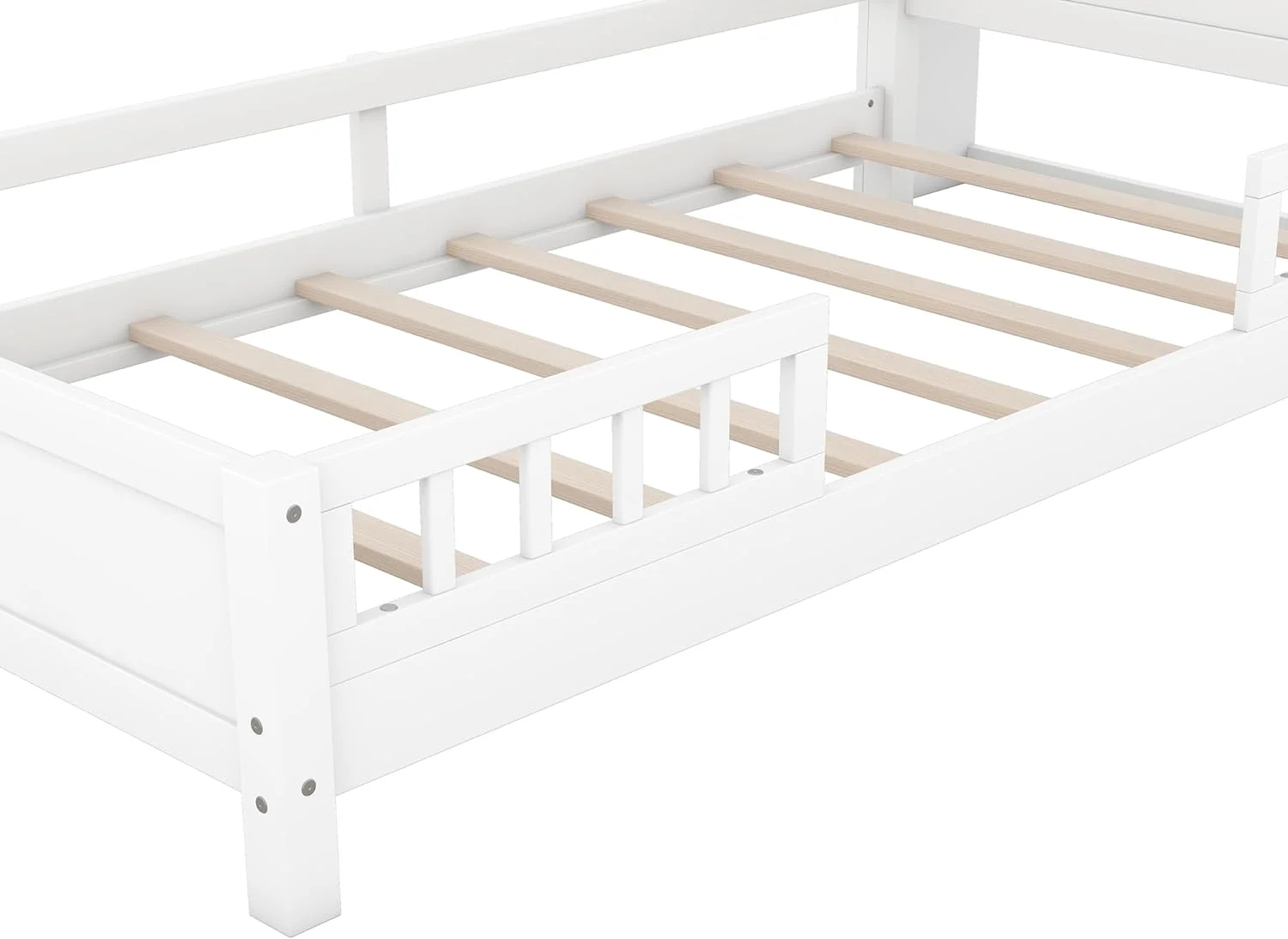 Kids Twin Bed with Storage Headboard and Guardrail, Wood Twin Platform Bed Frame with Built-in LED Light, for Girls Boys (Twin Size)