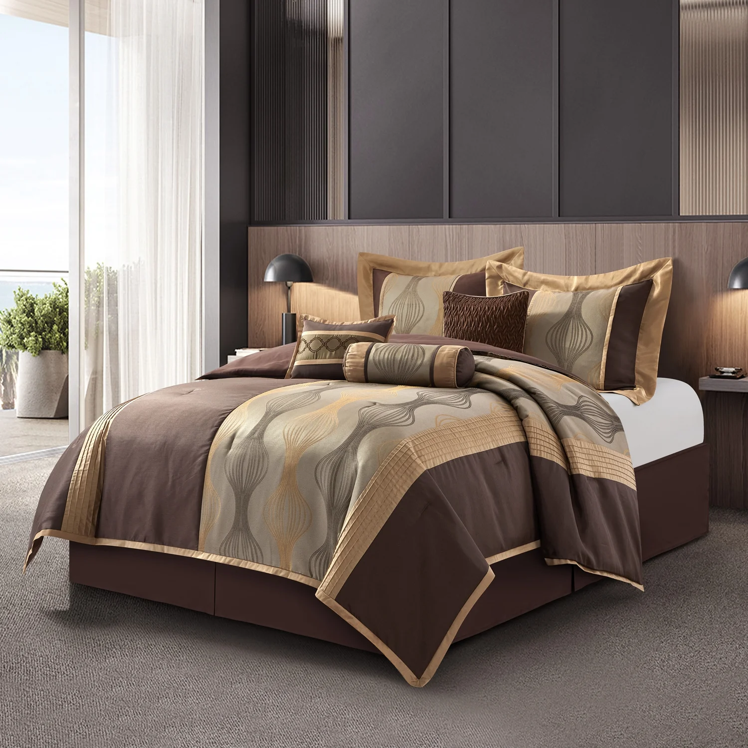 Lanco Brown Comforter Set , King Size , 7 Pieces Fashion Jacquard Bedding Set