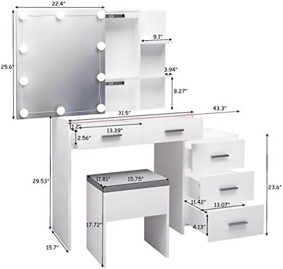 HBBOOMLIFE Makeup Vanity Table with Mirror Cabinet & 10 Light Bulbs  White Vanity Set with Cushioned Stool  2  Shelves 5  Drawers  43.3"L Dressing Table Dresser Desk for Women  Gi