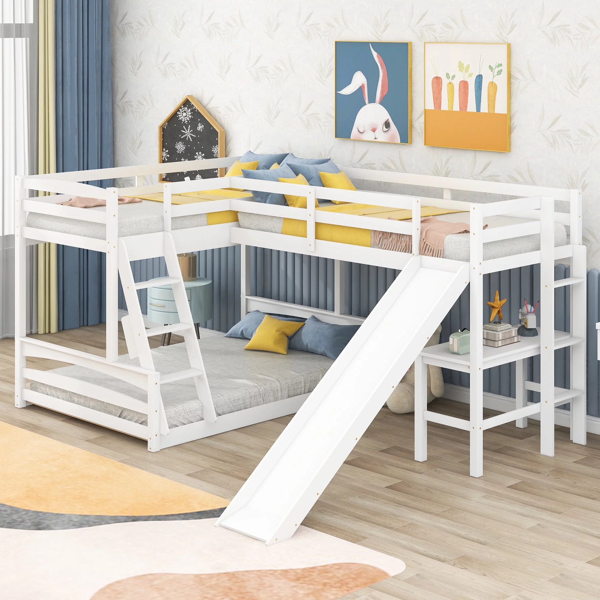 Dcenta Twin over Full Bunk Bed with Twin Size Loft Bed with Desk and Slide,Full-Length Guardrail, White