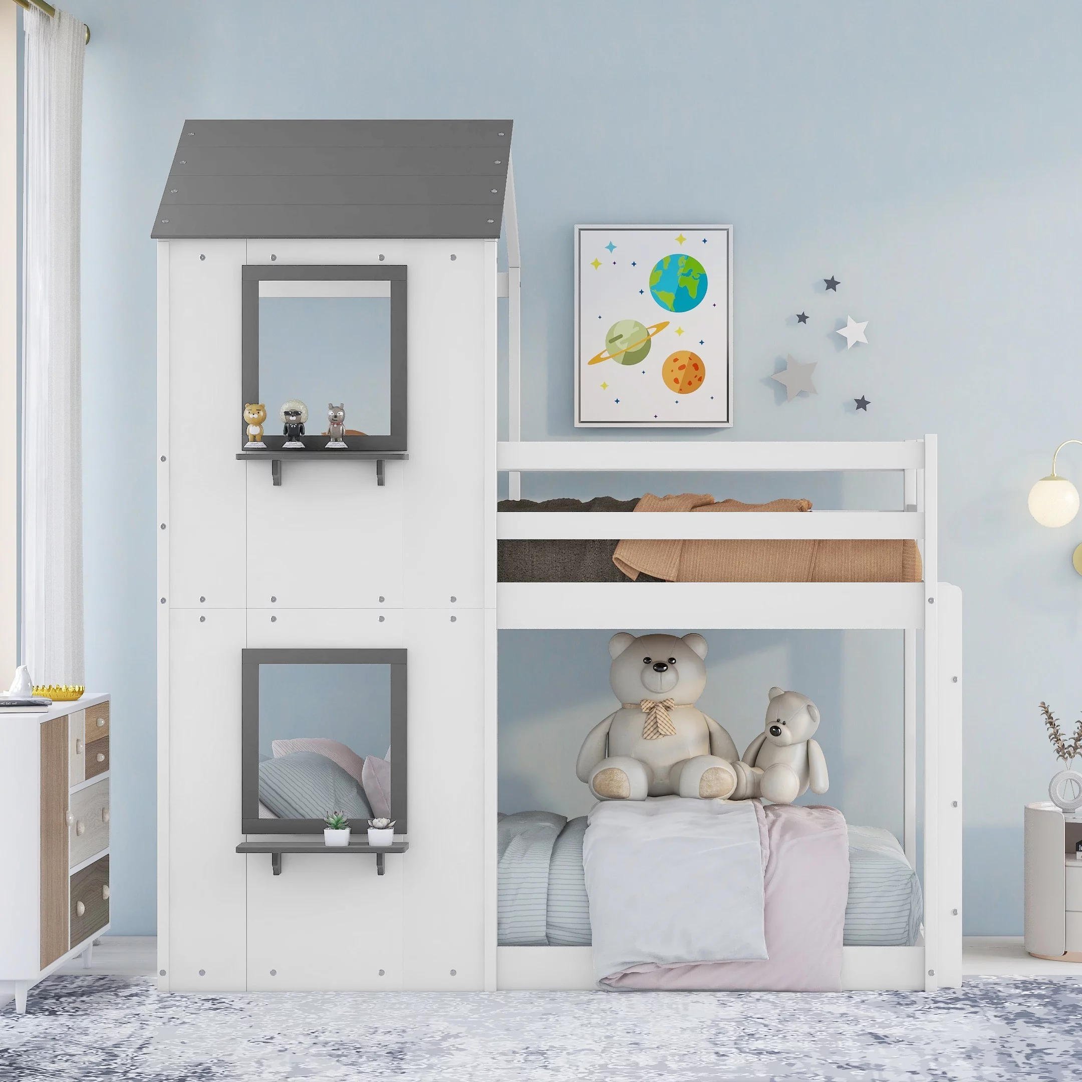 Bellemave House Bunk Bed for Kids, Wood Twin Over Twin Bunk Bed with Roof, Floor Bunk Bed with Ladder for Girls Boys, No Box Spring Needed (Grey+White)