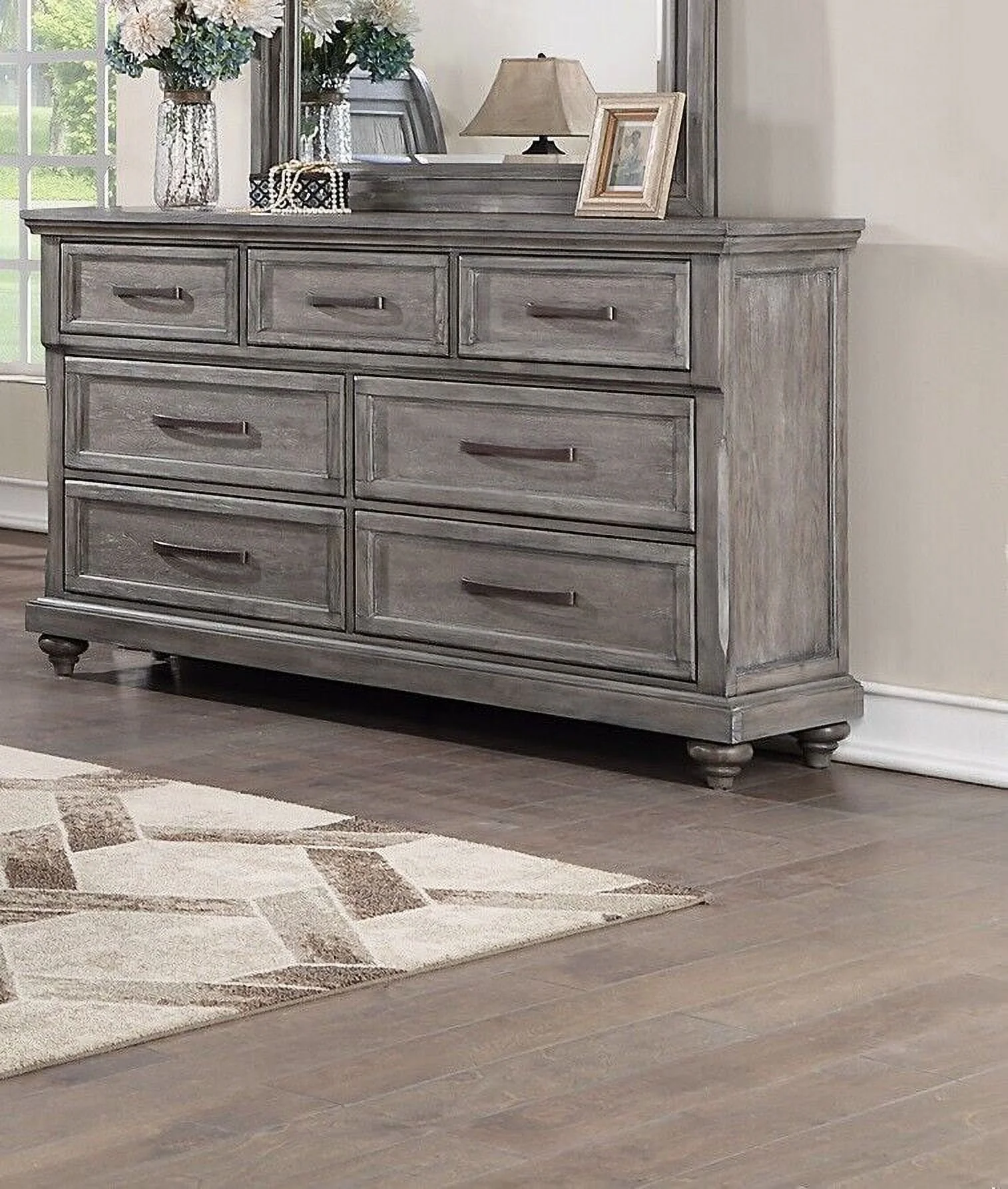 Transitional Beautiful Grey Hue 4pc Bedroom Furniture Est King Size Bed Drawers FB Dresser Mirror Nightstand Sleigh Oak Veneer