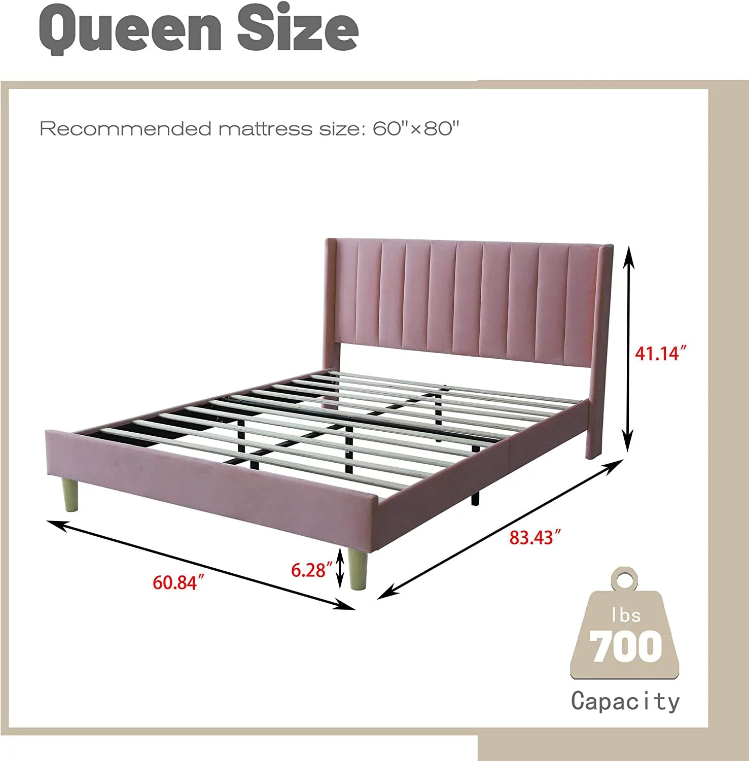 Upholstered Platform Bed Frame Queen Size with Headboard and Footboard/Wooden Slats Support/No Box Spring Needed/Easy Assembly Pink Velvet